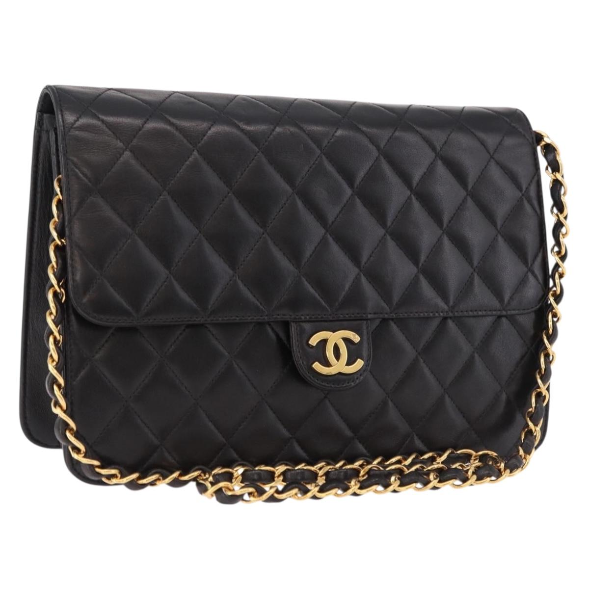 CHANEL Matelasse Chain Shoulder Bag Lamb Skin Black Gold CC Auth yk20616SAM