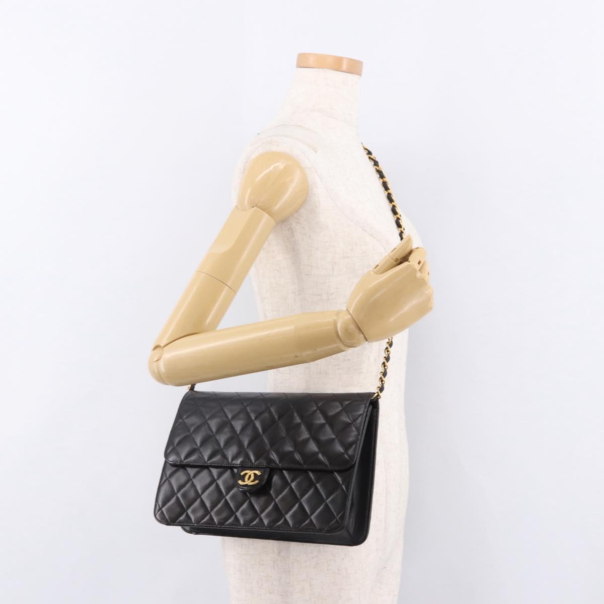 CHANEL Matelasse Chain Shoulder Bag Lamb Skin Black Gold CC Auth yk20616SAM
