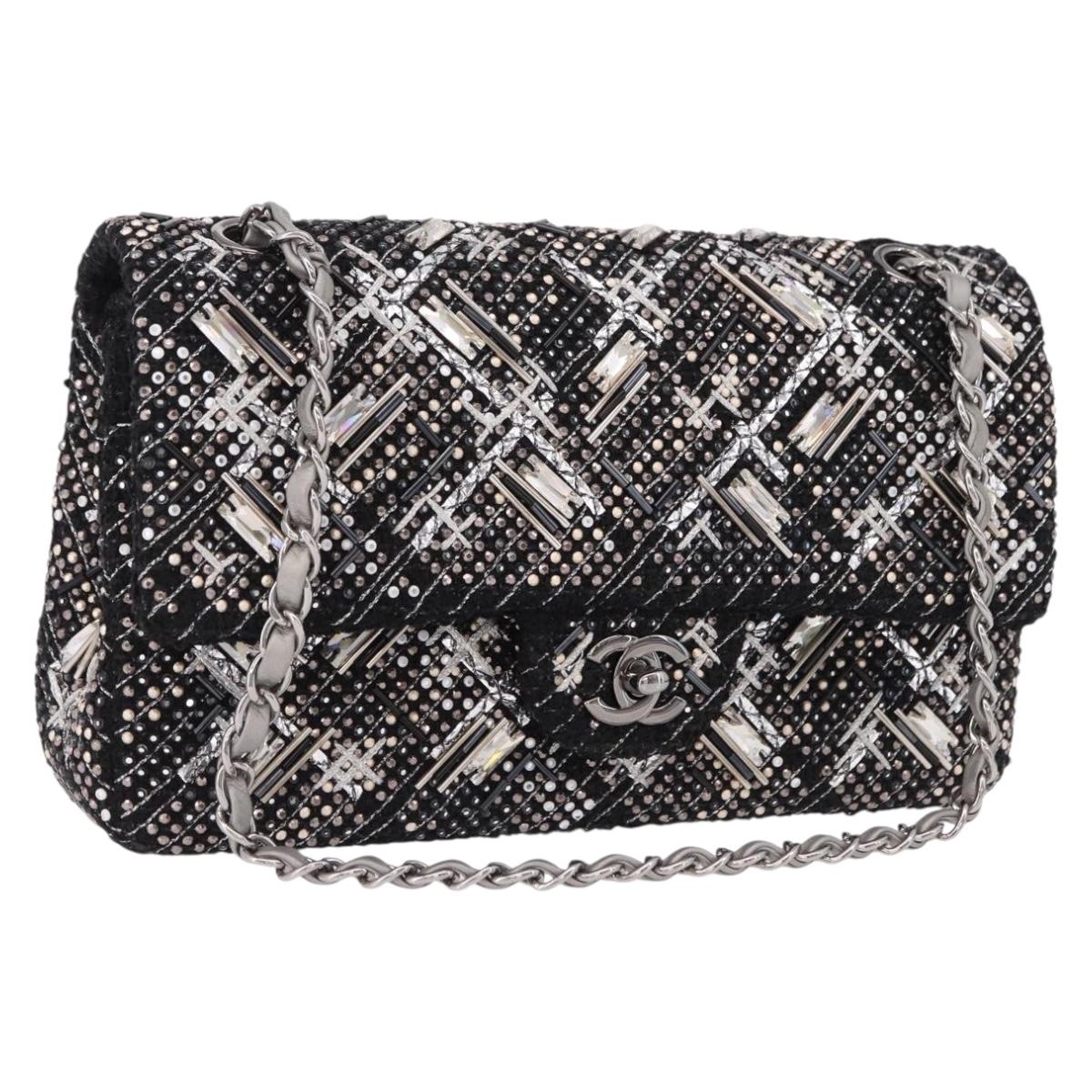 CHANEL beads Chain Matelasse 25 Bag Tweed Black Silver CC Auth yk20617SM
