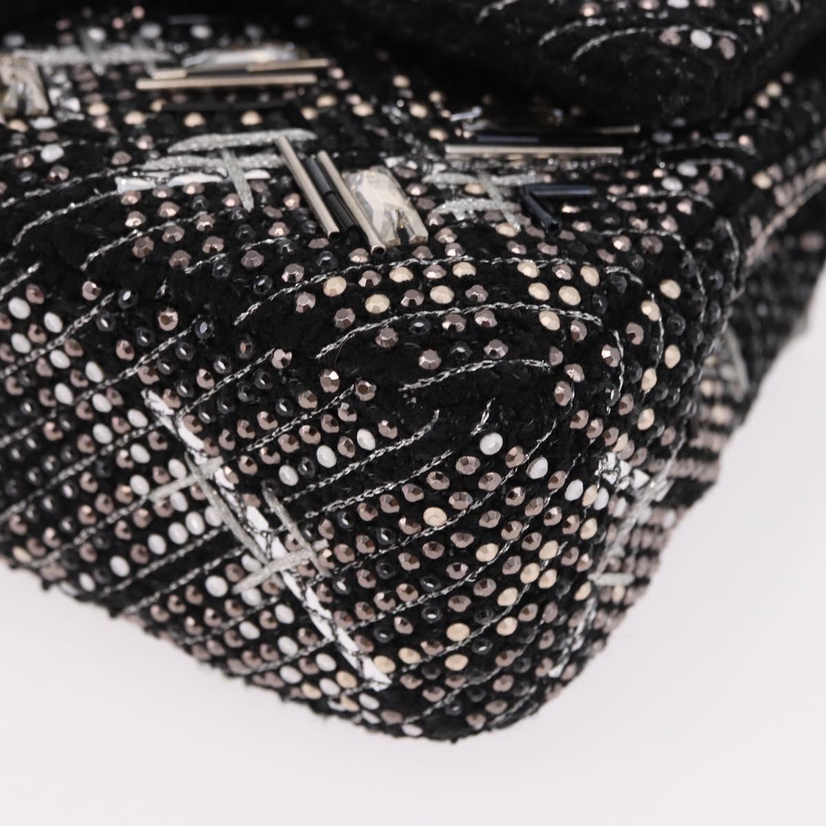 CHANEL beads Chain Matelasse 25 Bag Tweed Black Silver CC Auth yk20617SM