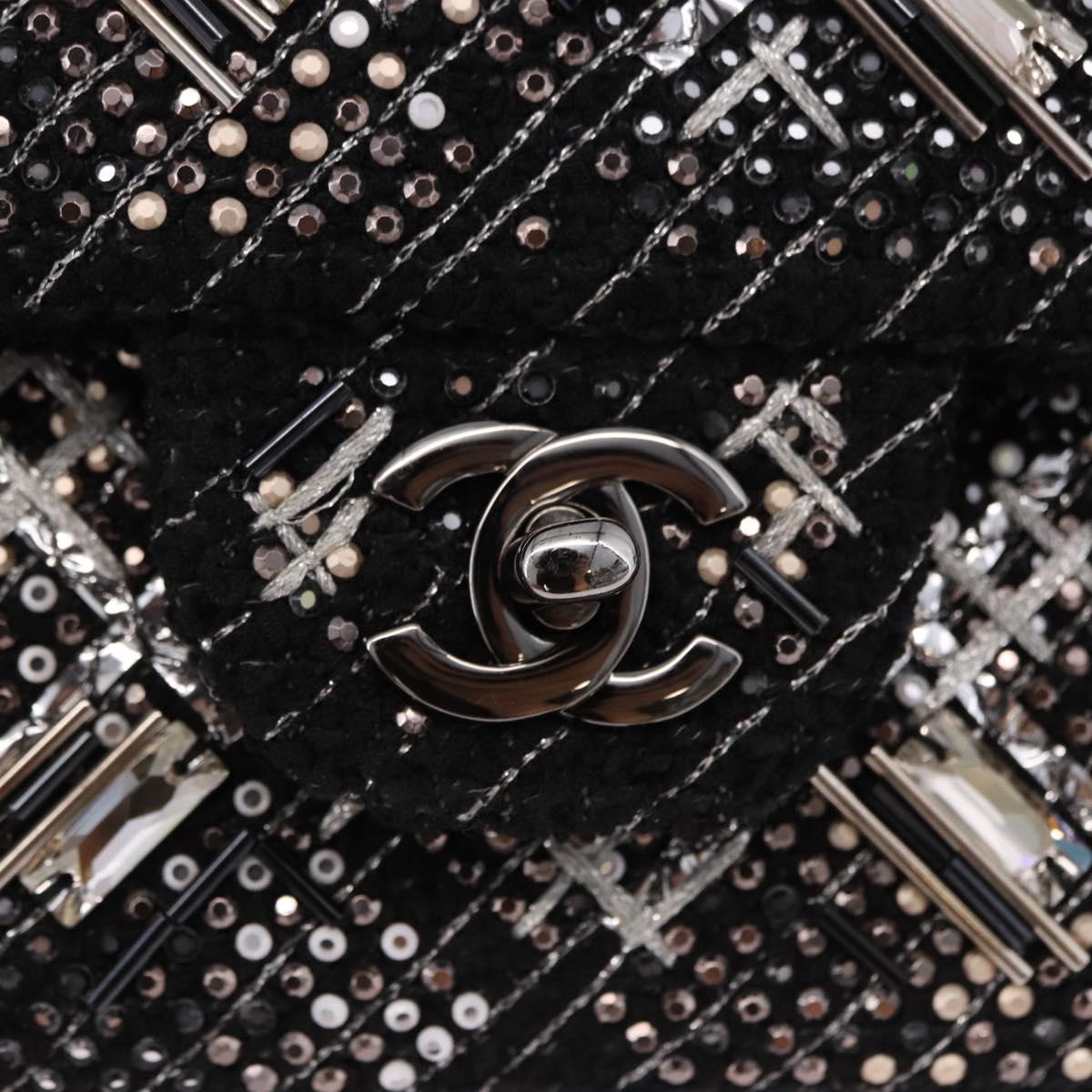 CHANEL beads Chain Matelasse 25 Bag Tweed Black Silver CC Auth yk20617SM