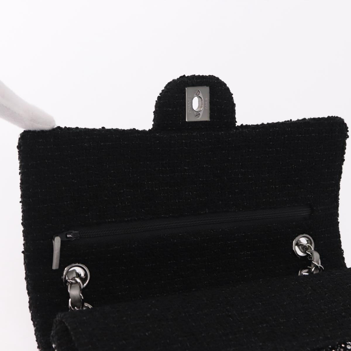 CHANEL beads Chain Matelasse 25 Bag Tweed Black Silver CC Auth yk20617SM