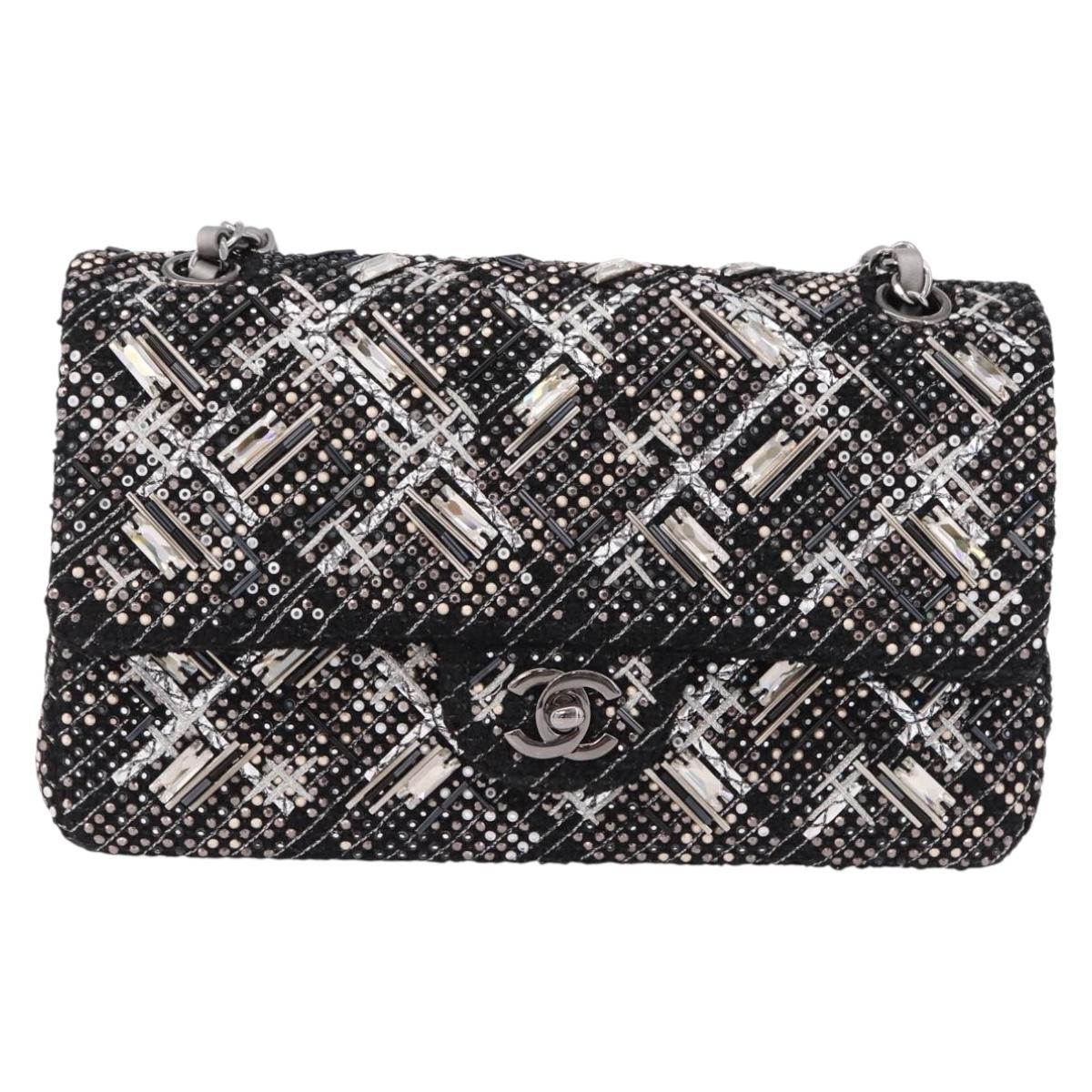 CHANEL beads Chain Matelasse 25 Bag Tweed Black Silver CC Auth yk20617SM