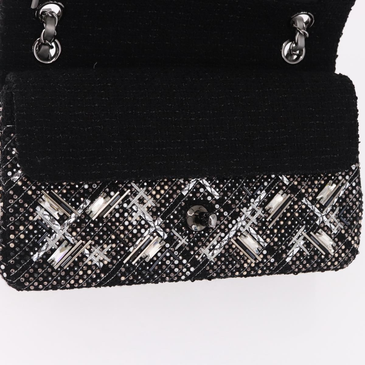 CHANEL beads Chain Matelasse 25 Bag Tweed Black Silver CC Auth yk20617SM