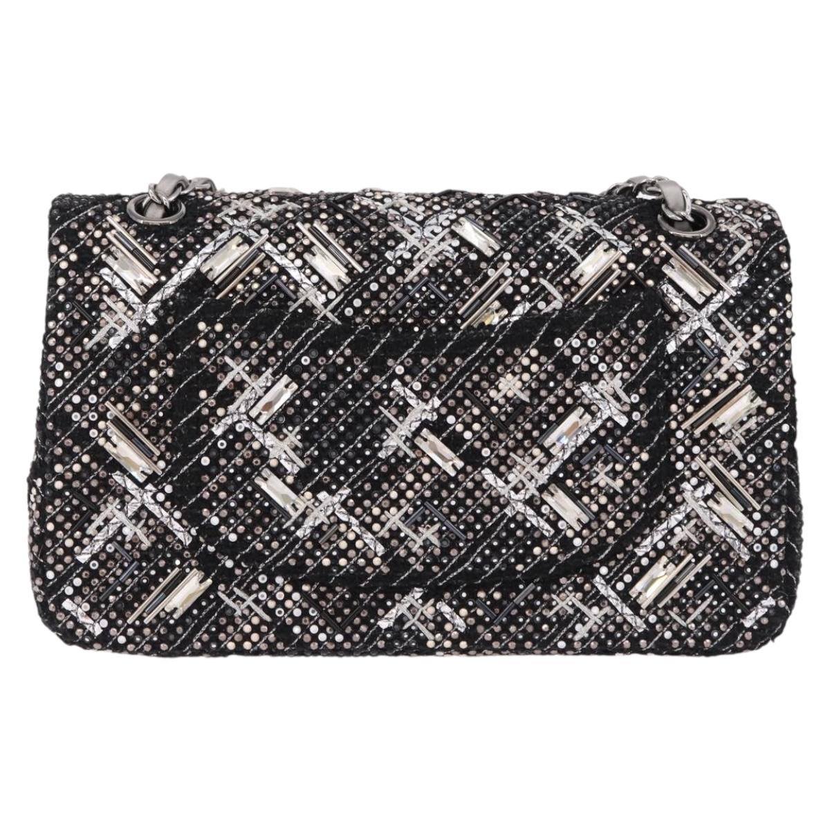 CHANEL beads Chain Matelasse 25 Bag Tweed Black Silver CC Auth yk20617SM