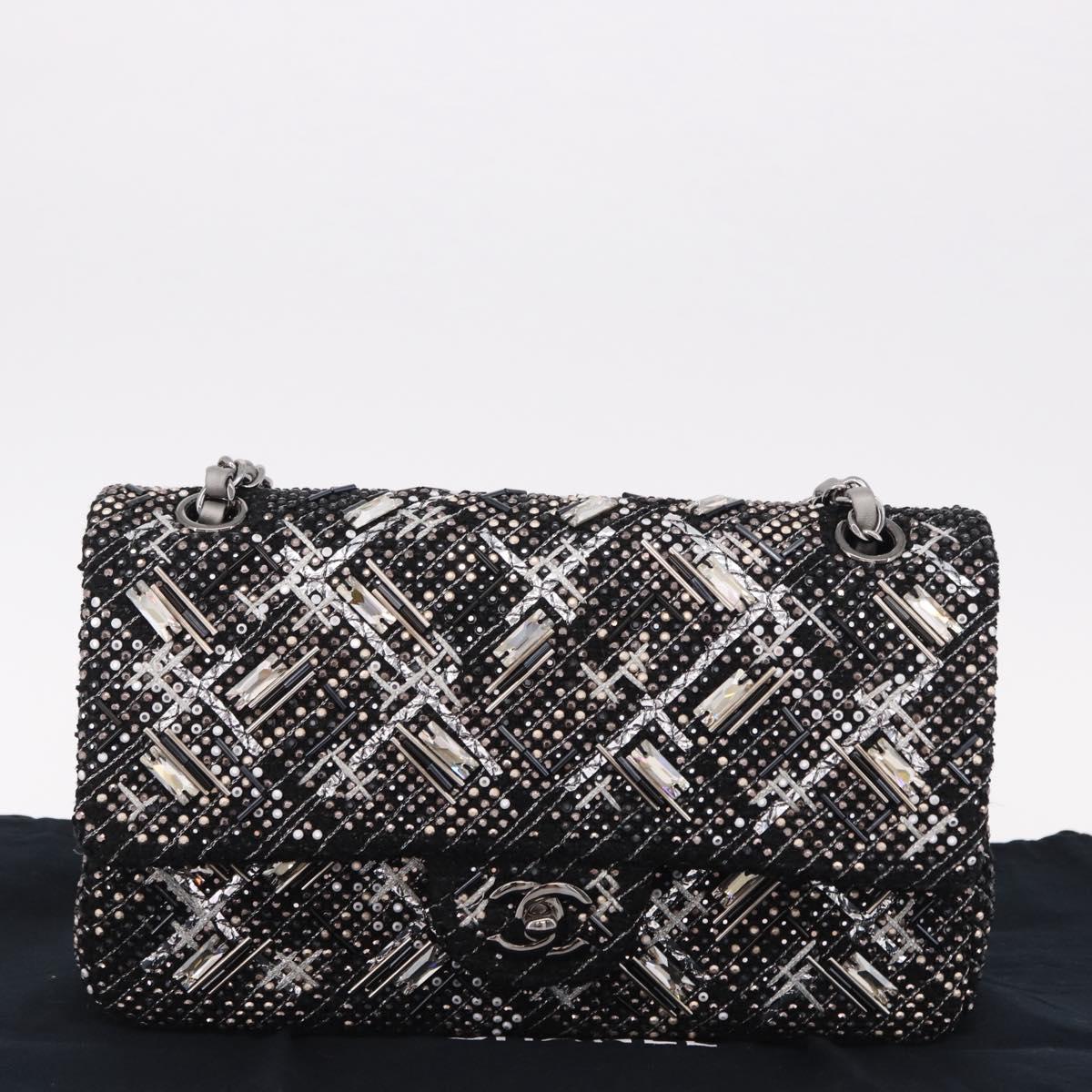 CHANEL beads Chain Matelasse 25 Bag Tweed Black Silver CC Auth yk20617SM