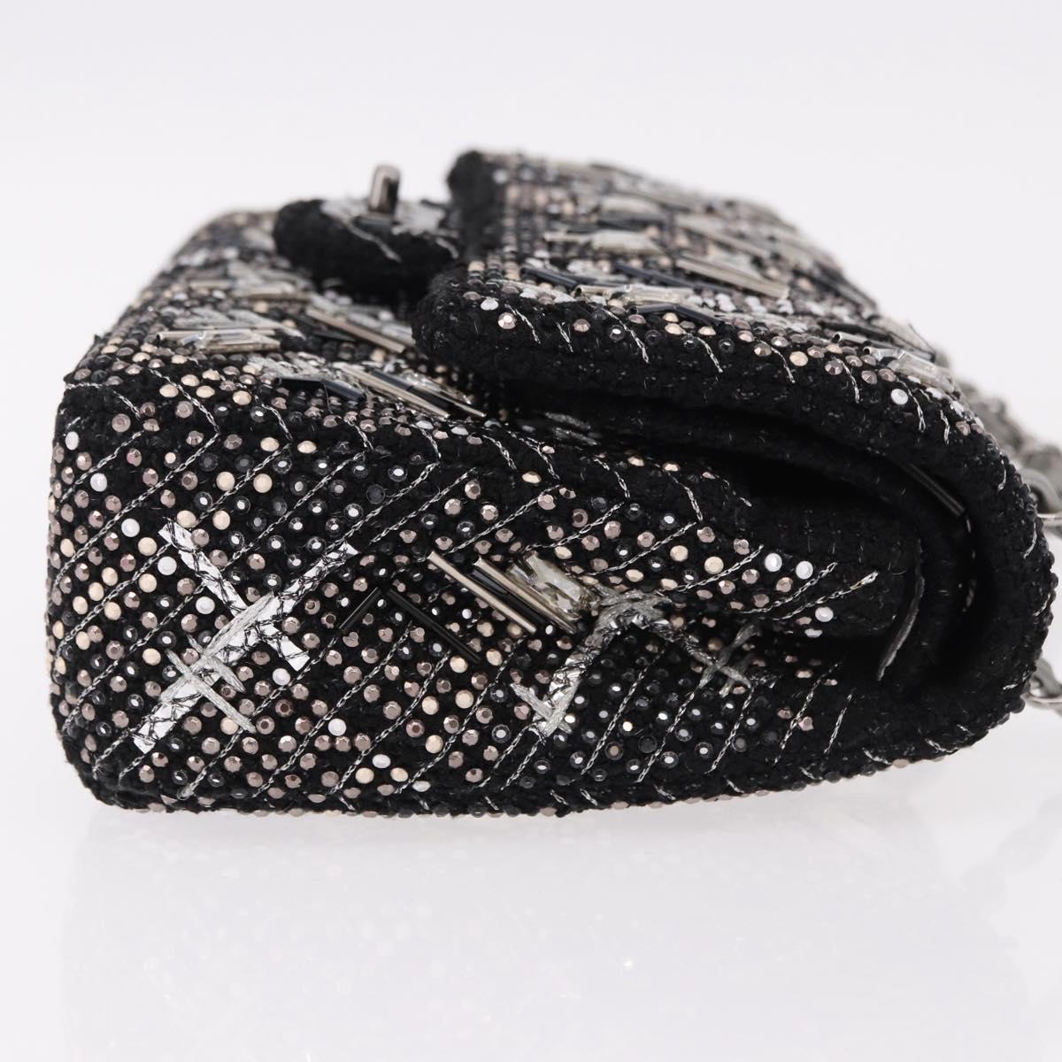 CHANEL beads Chain Matelasse 25 Bag Tweed Black Silver CC Auth yk20617SM