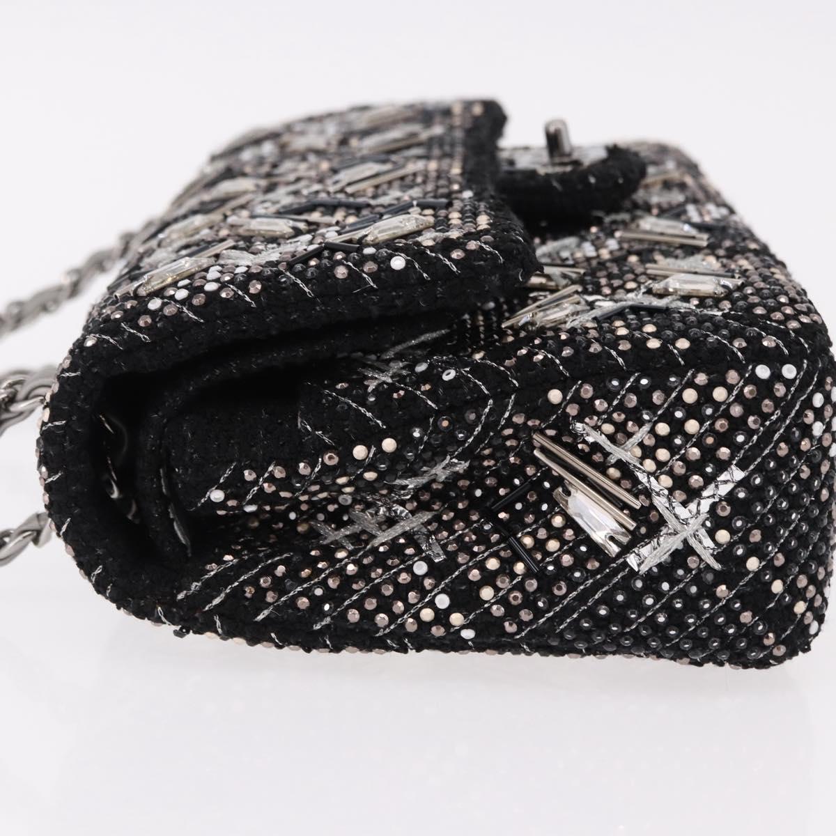 CHANEL beads Chain Matelasse 25 Bag Tweed Black Silver CC Auth yk20617SM