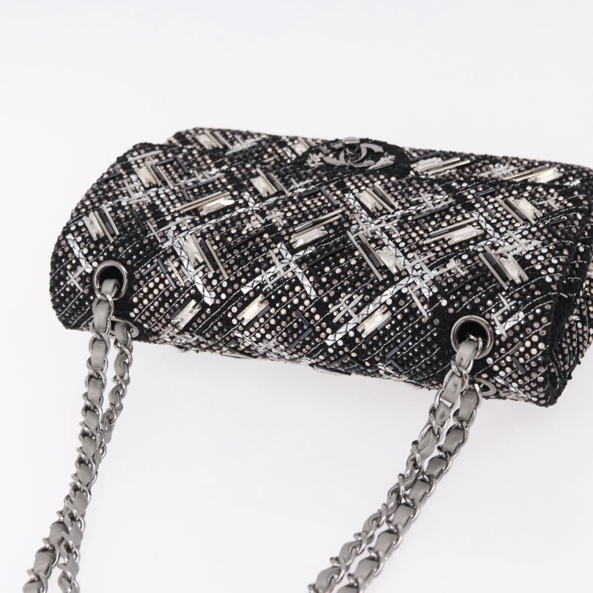 CHANEL beads Chain Matelasse 25 Bag Tweed Black Silver CC Auth yk20617SM