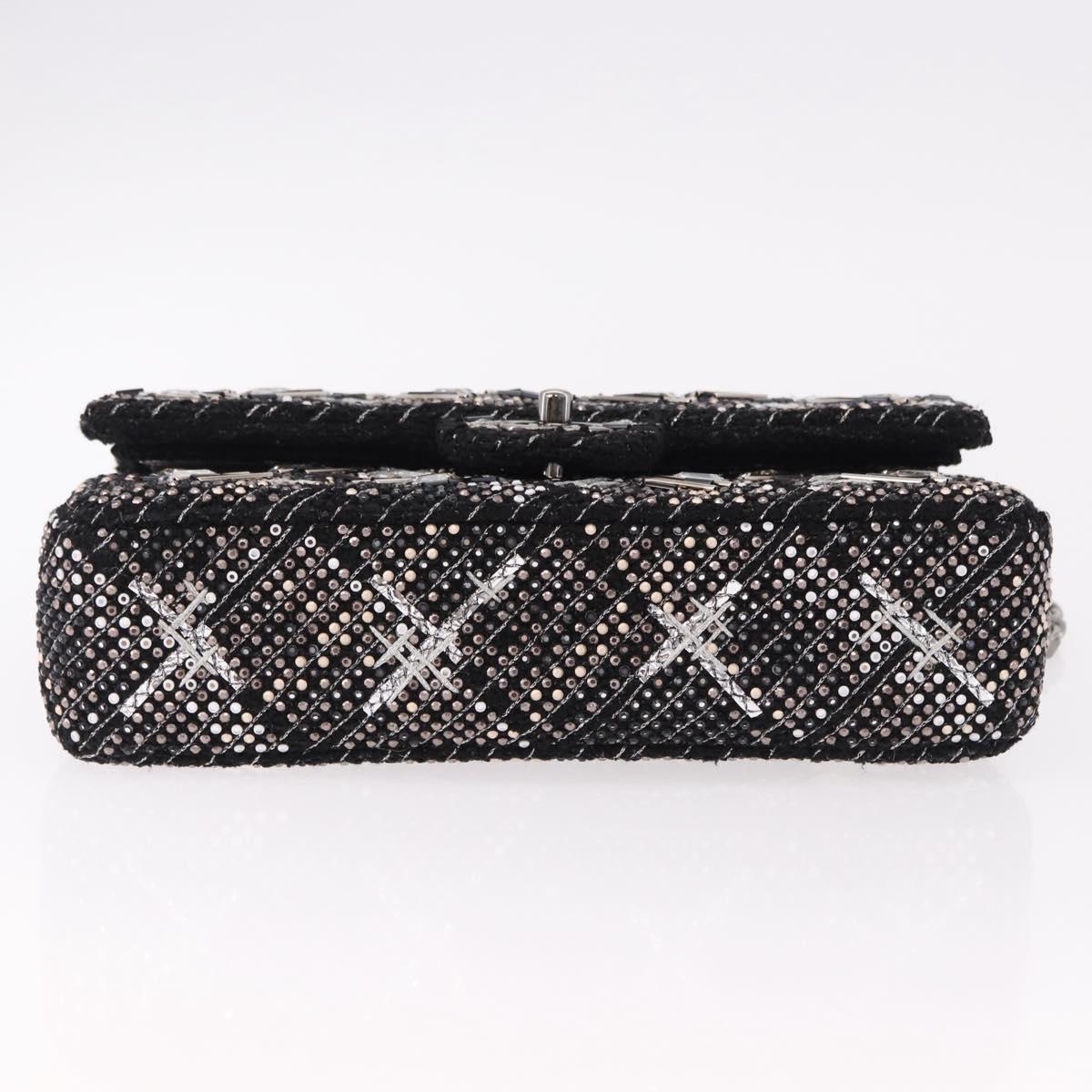 CHANEL beads Chain Matelasse 25 Bag Tweed Black Silver CC Auth yk20617SM