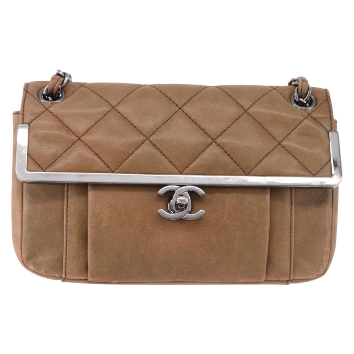 CHANEL Matelasse Chain Hand Bag Lamb Skin Brown Silver CC Auth yk20623A