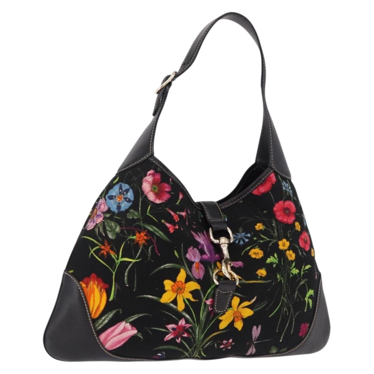 GUCCI Jackie Flora Shoulder Bag Canvas Black Gold 153029 Auth yk20625SAV