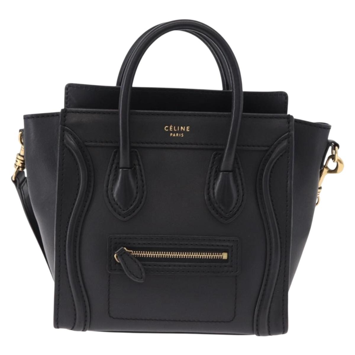 CELINE Luggage Nano Shopper Hand Bag Leather 2way Black Gold Auth yk20626SAM