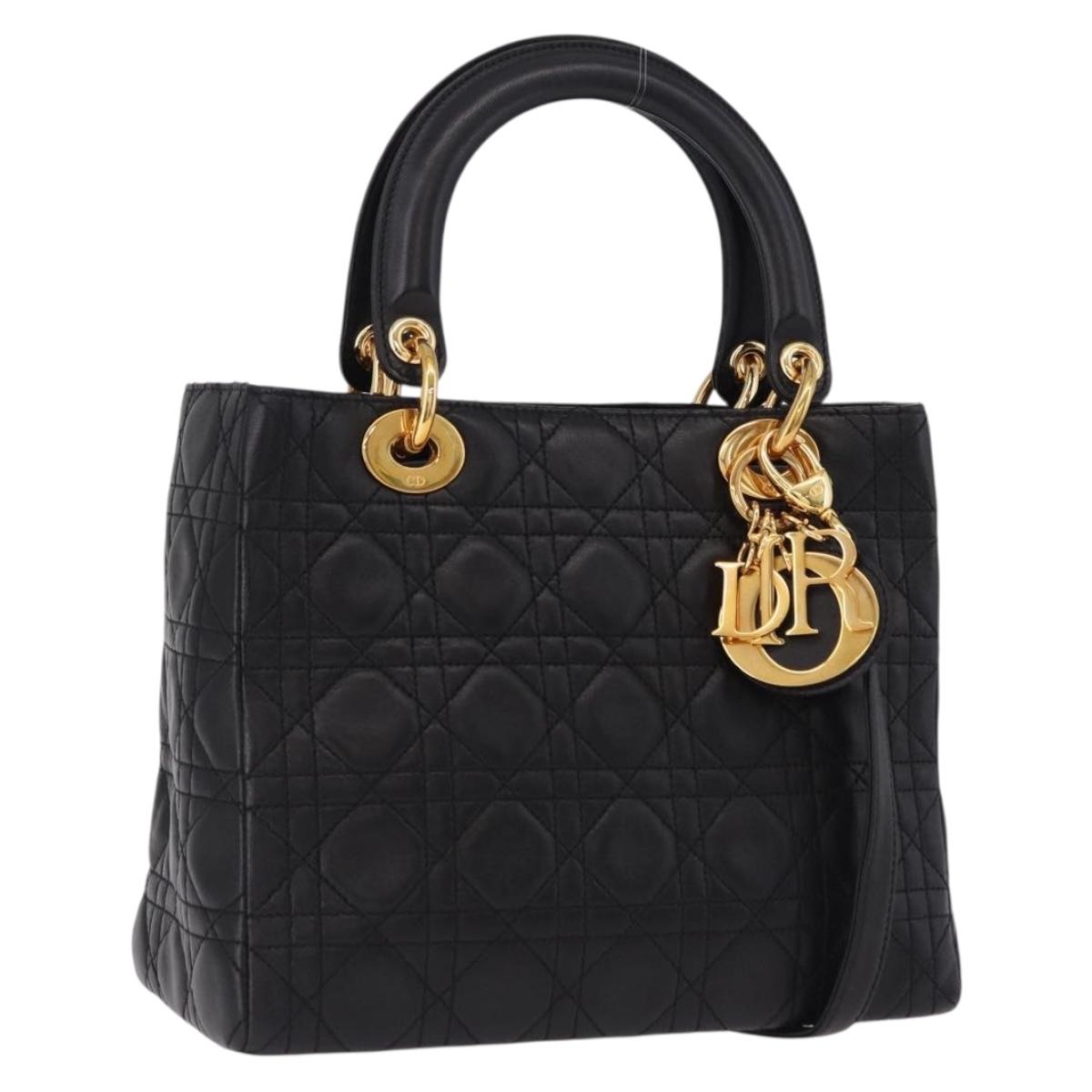 Christian Dior Canage Hand Bag Lamb Skin Black Gold Auth yk20628SAM