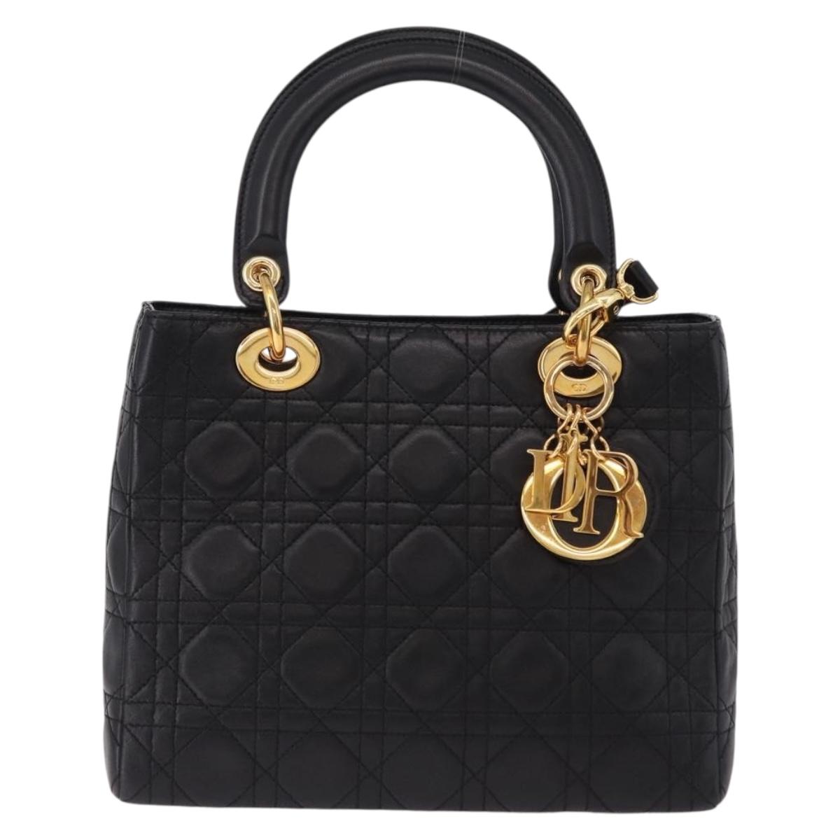 Christian Dior Canage Hand Bag Lamb Skin Black Gold Auth yk20628SAM