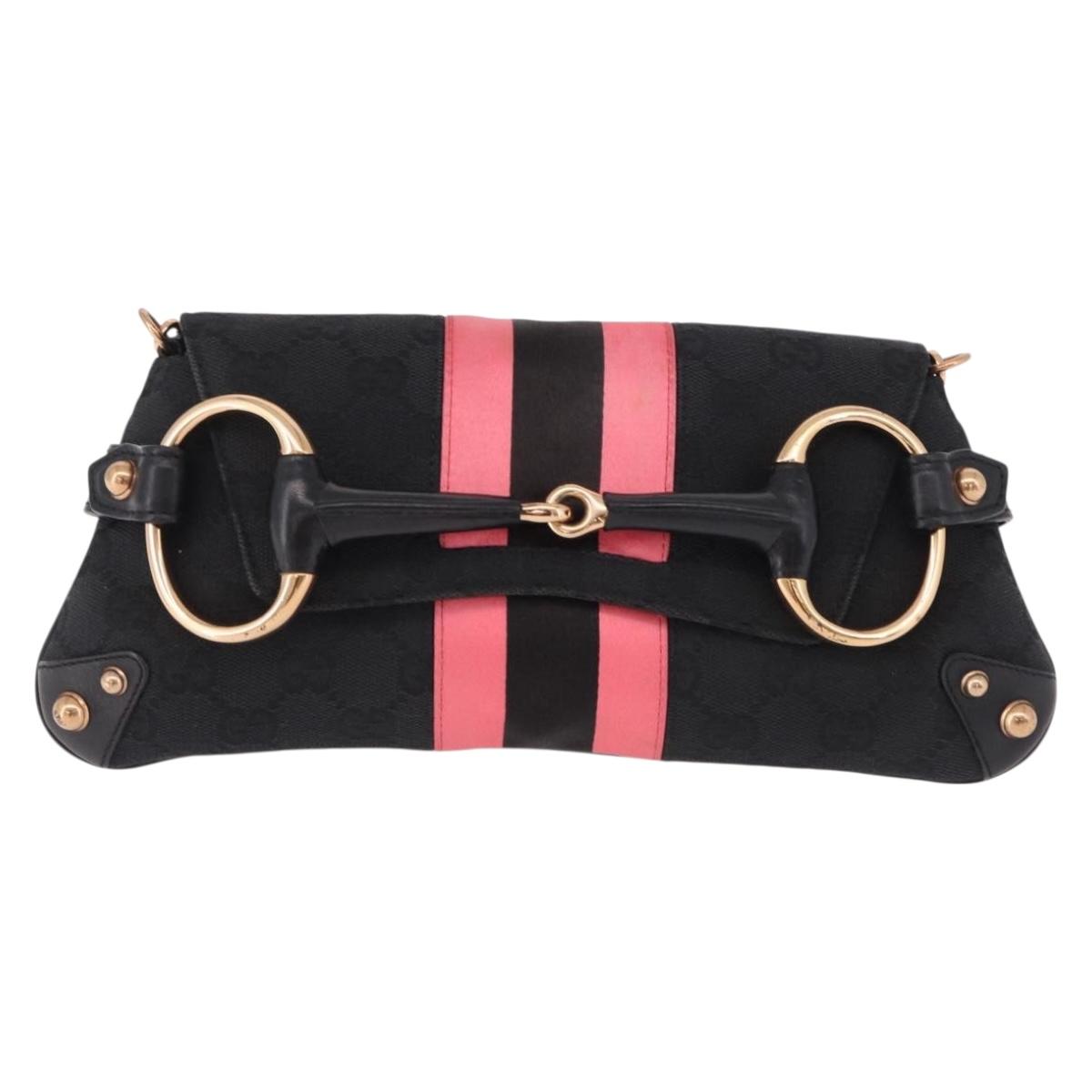 GUCCI GG Canvas Bamboo Chain Horsebit Hand Bag Black Gold 129497 Auth yk20630SAM