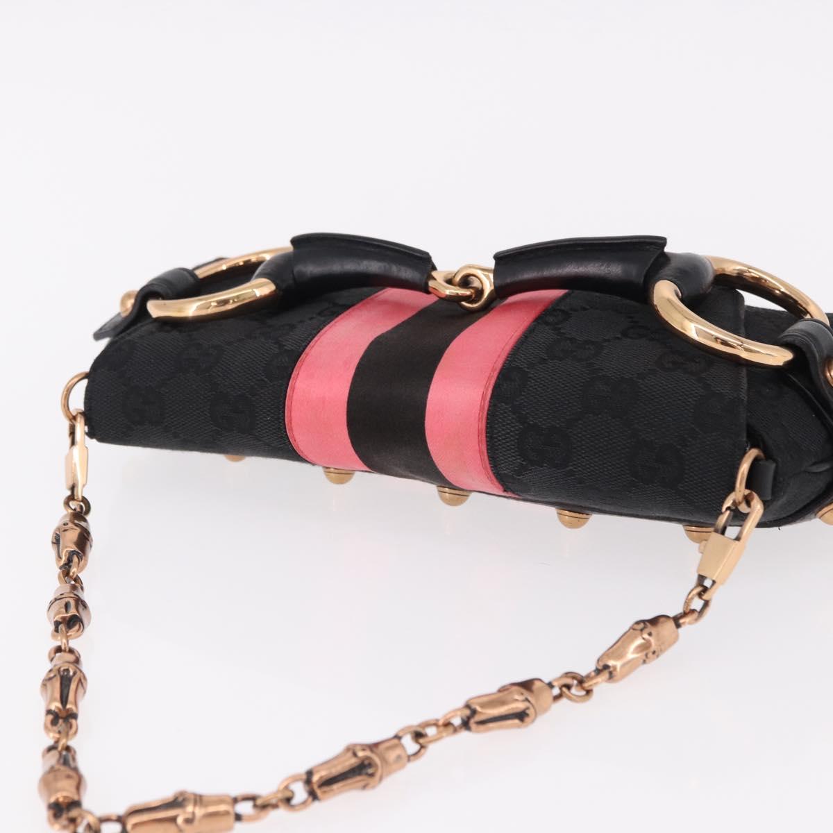 GUCCI GG Canvas Bamboo Chain Horsebit Hand Bag Black Gold 129497 Auth yk20630SAM
