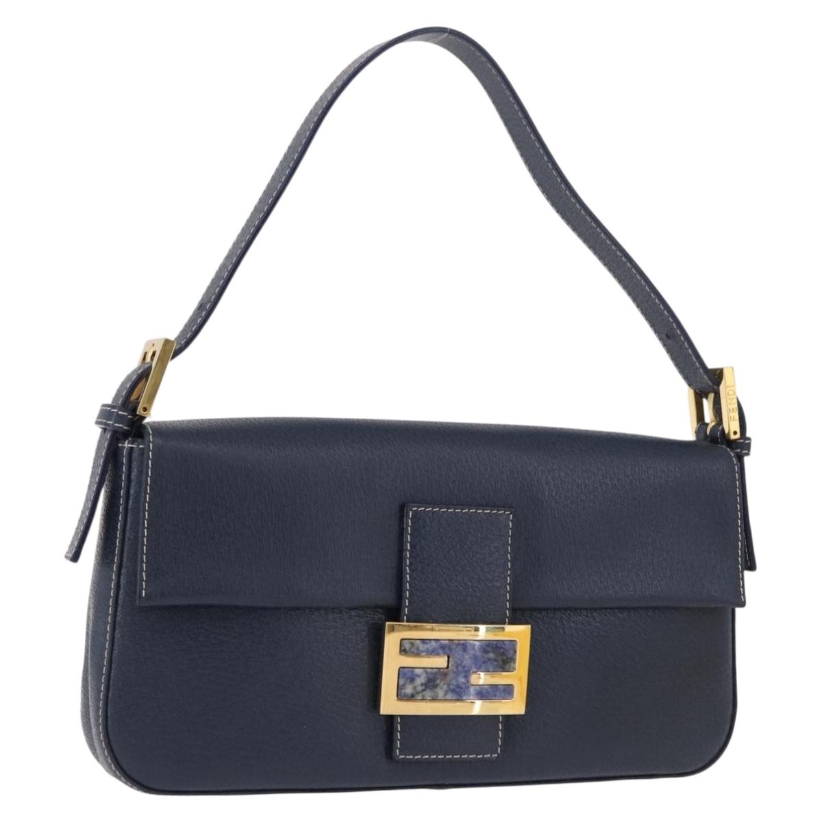 FENDI Mamma Baguette Shoulder Bag Leather Navy Gold Auth yk20632SAM