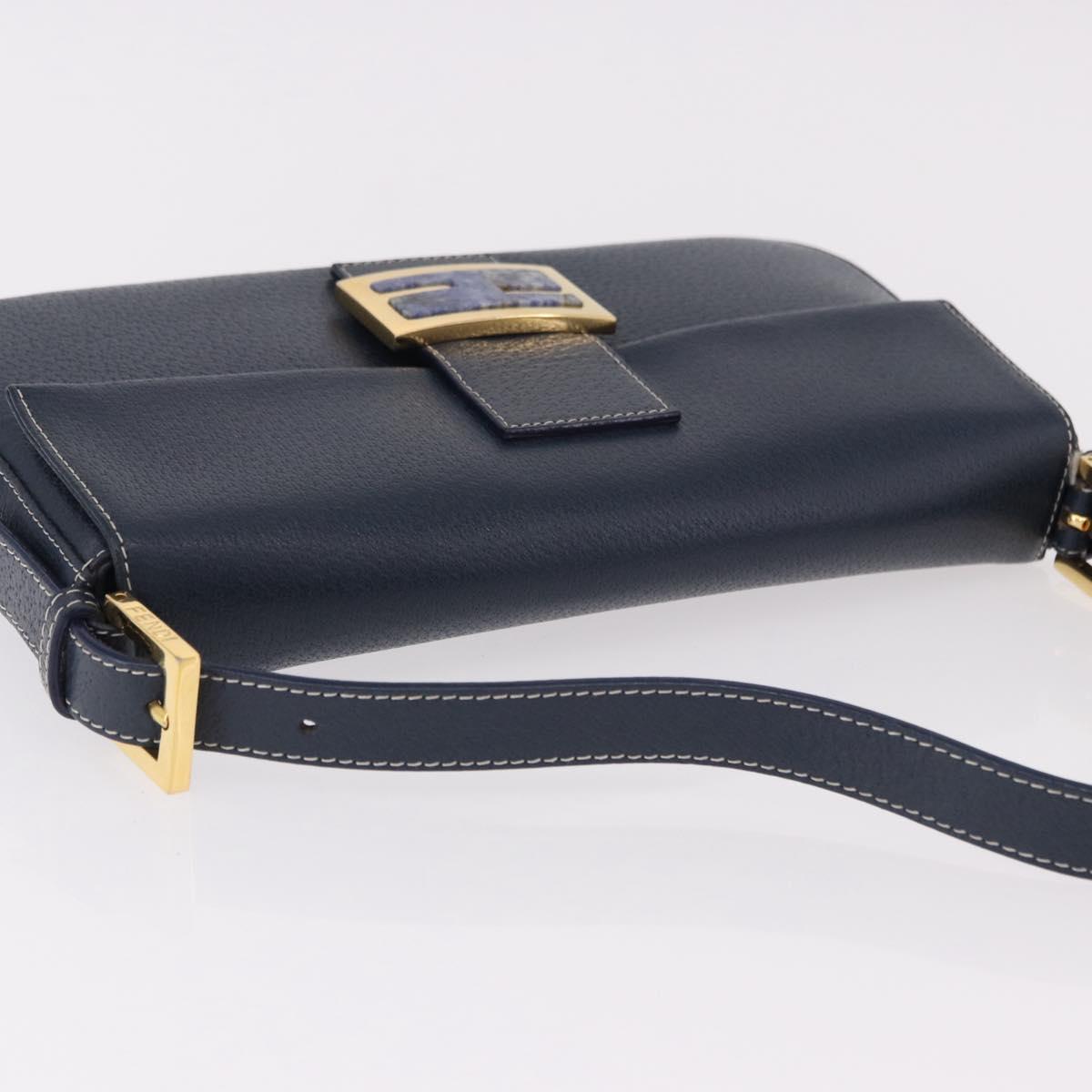 FENDI Mamma Baguette Shoulder Bag Leather Navy Gold Auth yk20632SAM