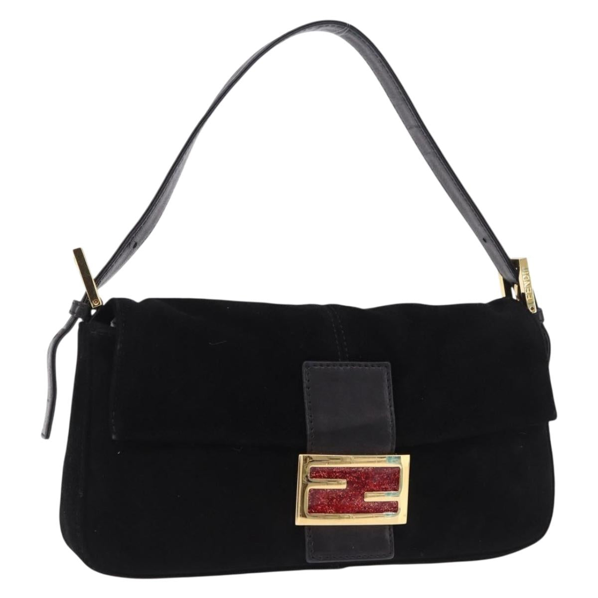 FENDI Mamma Baguette Shoulder Bag Suede Black Gold Tone Auth yk20635SAM