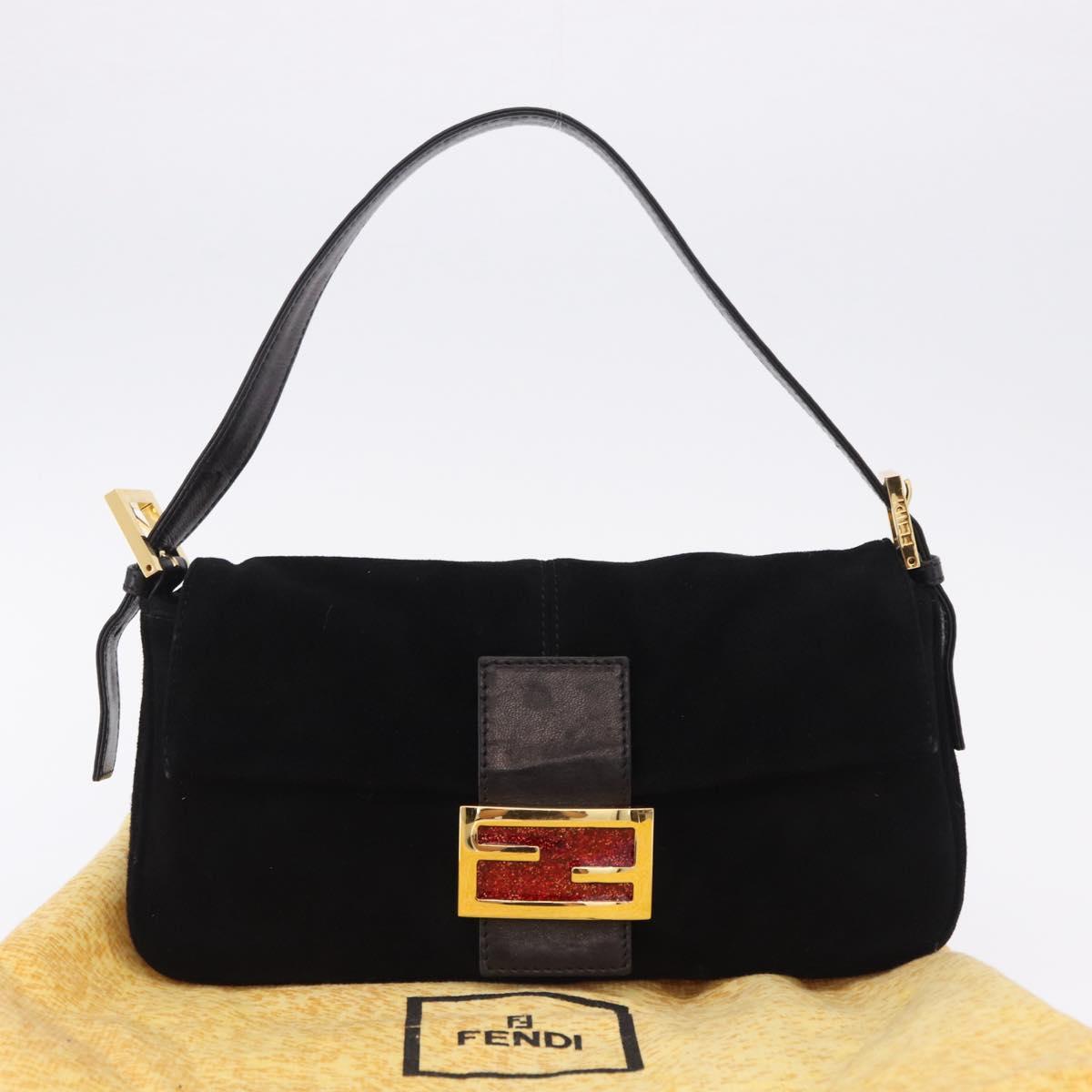 FENDI Mamma Baguette Shoulder Bag Suede Black Gold Tone Auth yk20635SAM