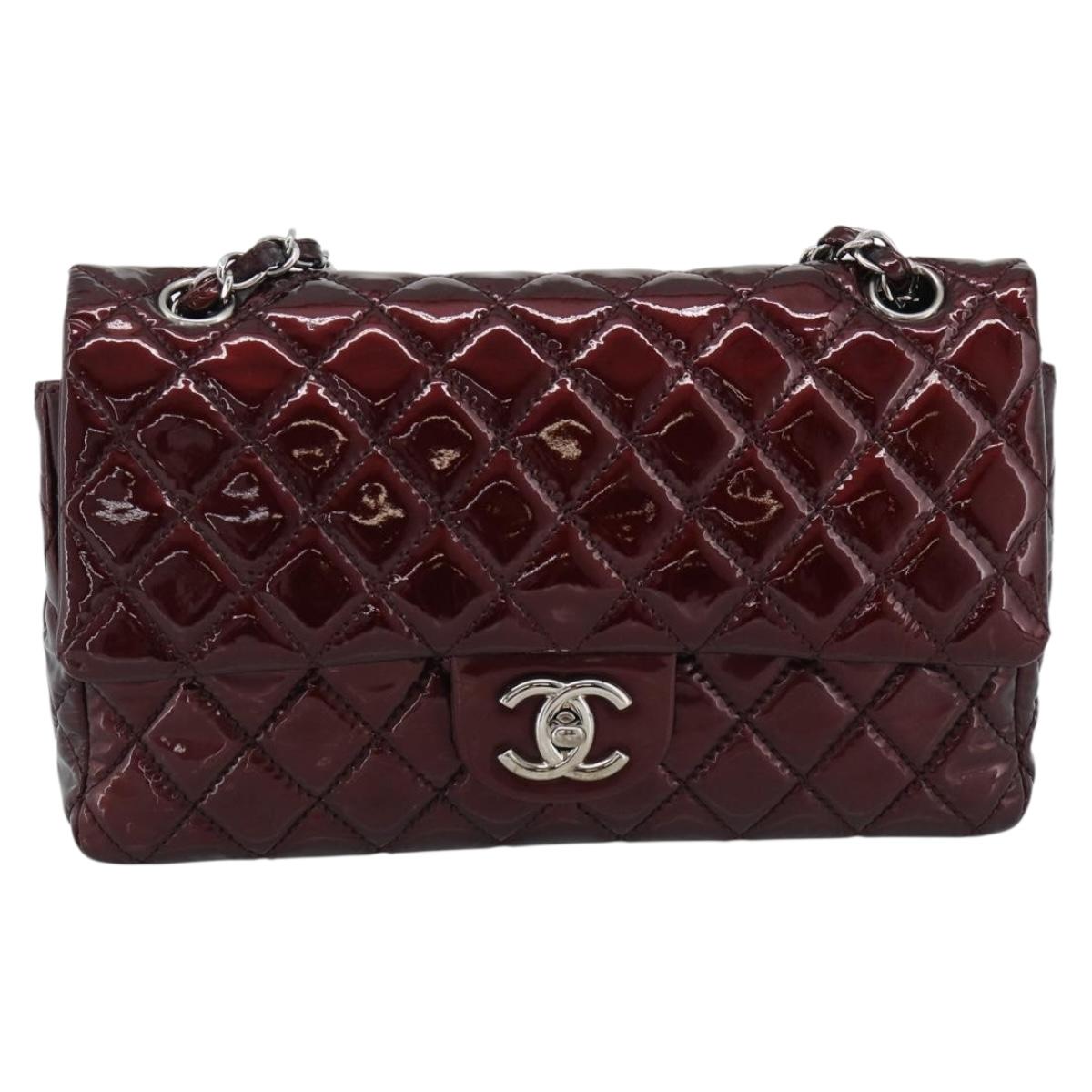 CHANEL Matelasse 25 Chain Hand Bag Patent Bordeaux Silver CC Auth yk20637SAM