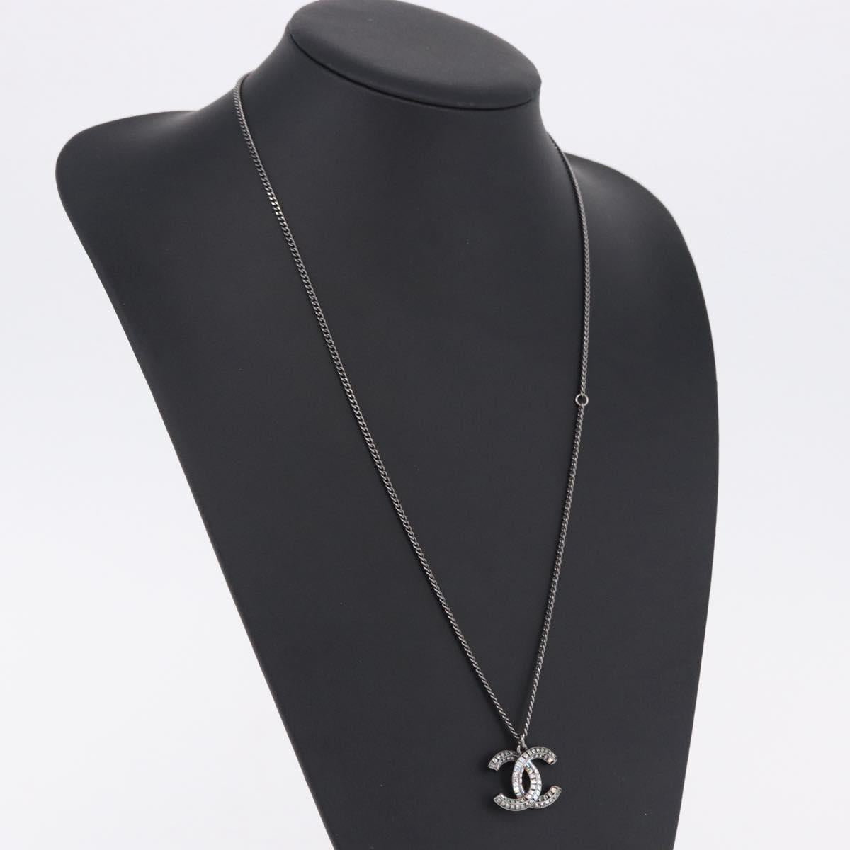 CHANEL COCO Mark Stone Necklace Metal Silver CC Auth yk20638M