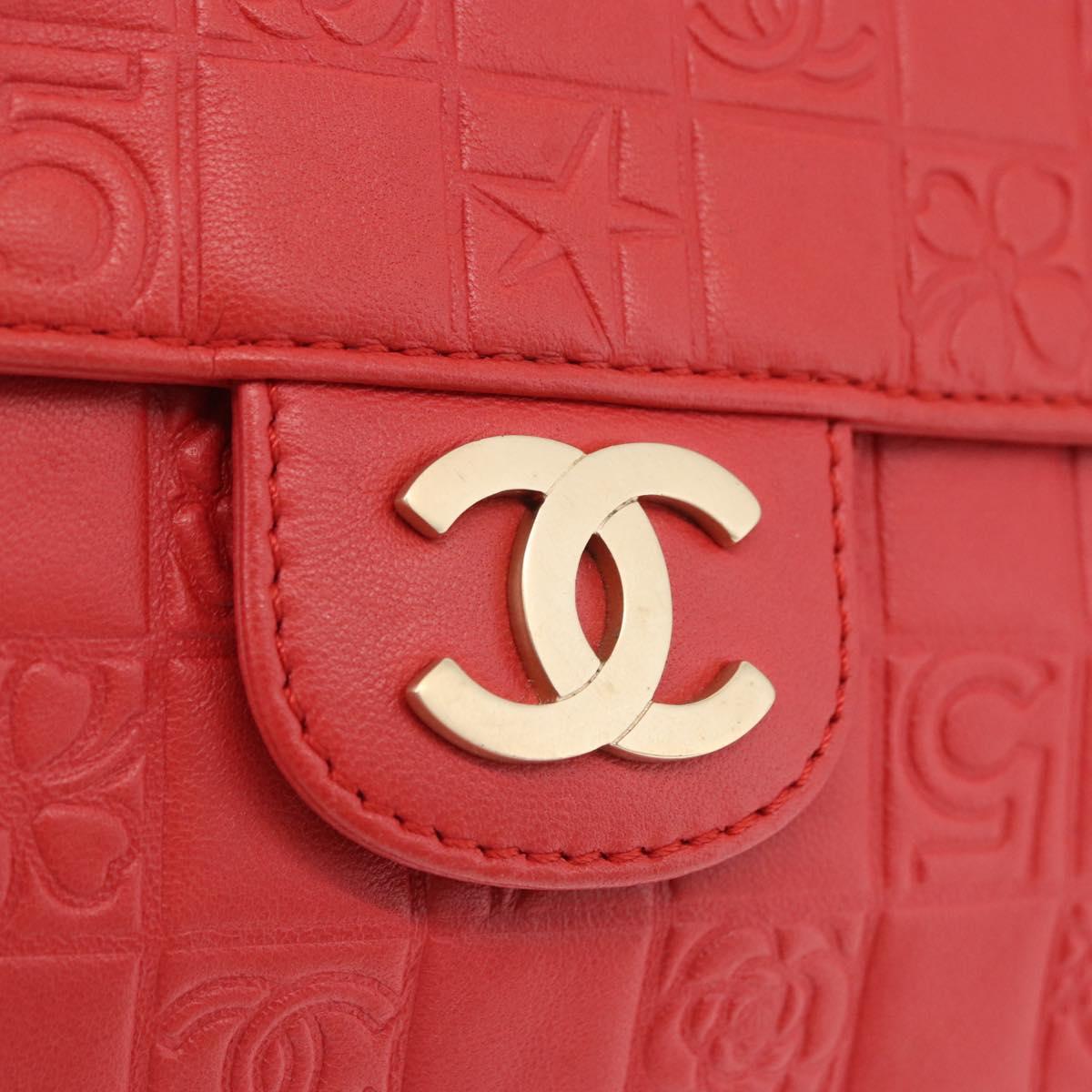 CHANEL Icon Chain Shoulder Bag Lamb Skin Red Gold Tone CC Auth yk20652SAV