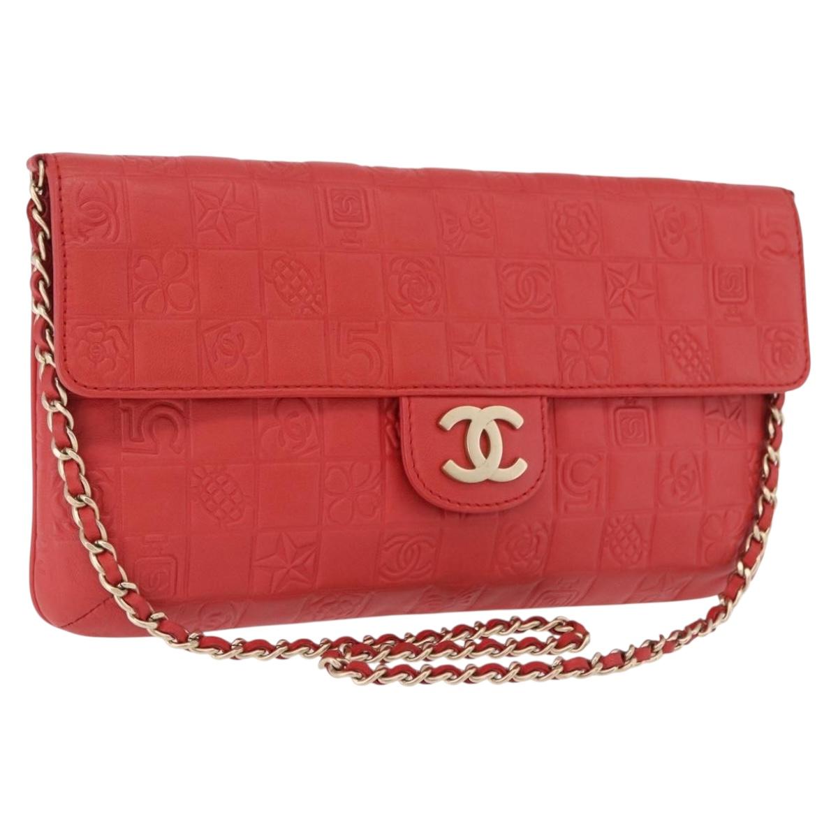 CHANEL Icon Chain Shoulder Bag Lamb Skin Red Gold Tone CC Auth yk20652SAV