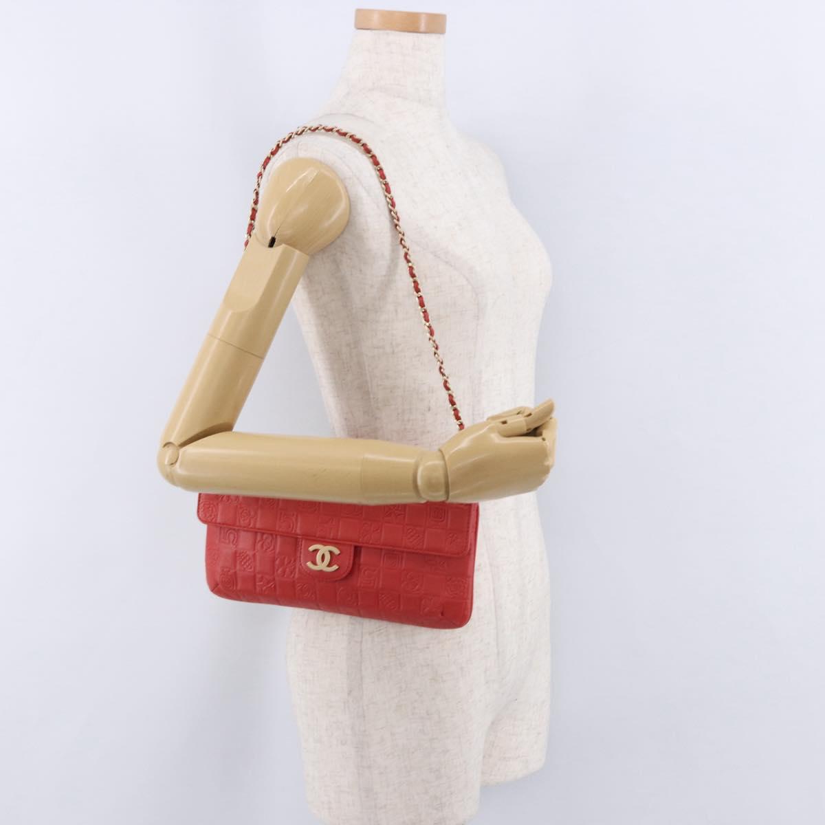 CHANEL Icon Chain Shoulder Bag Lamb Skin Red Gold Tone CC Auth yk20652SAV