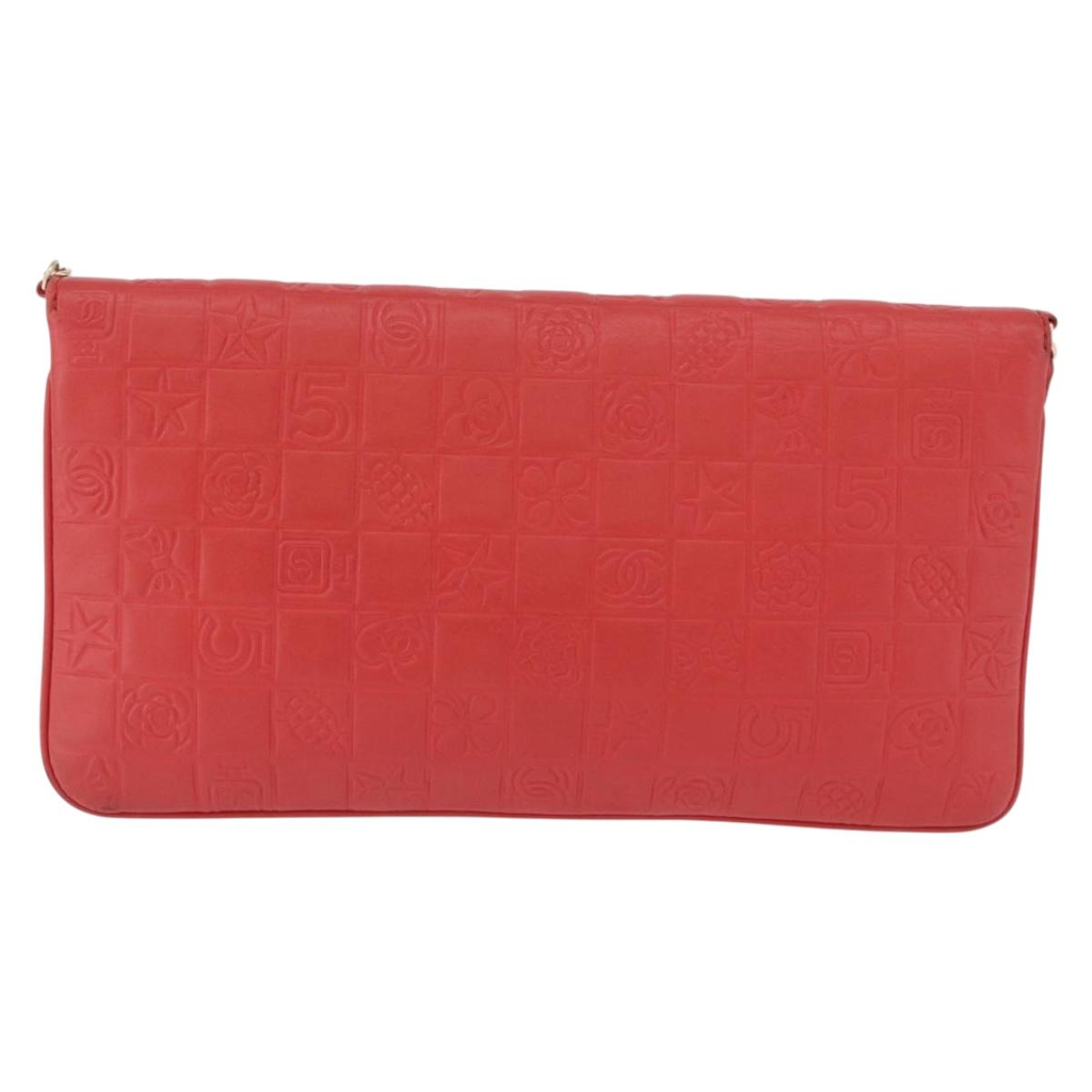 CHANEL Icon Chain Shoulder Bag Lamb Skin Red Gold Tone CC Auth yk20652SAV