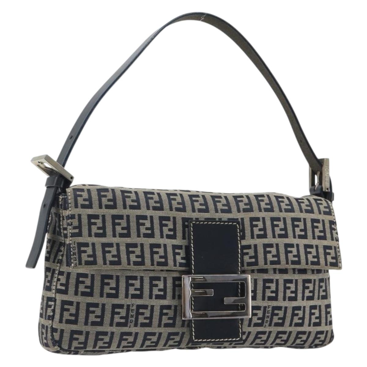 FENDI Zucchino Canvas Mamma Baguette Shoulder Bag Navy Silver Auth yk20655SAM