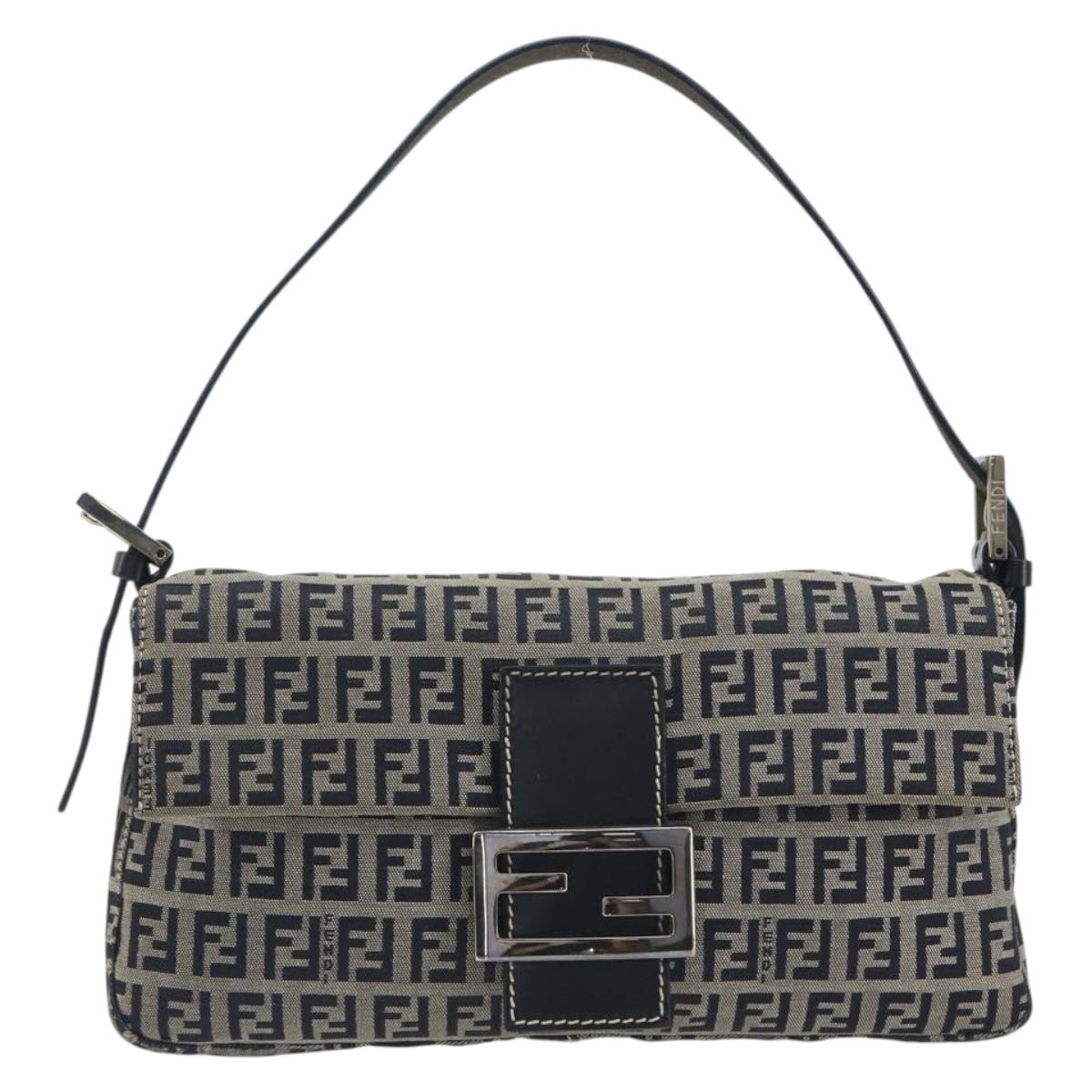 FENDI Zucchino Canvas Mamma Baguette Shoulder Bag Navy Silver Auth yk20655SAM