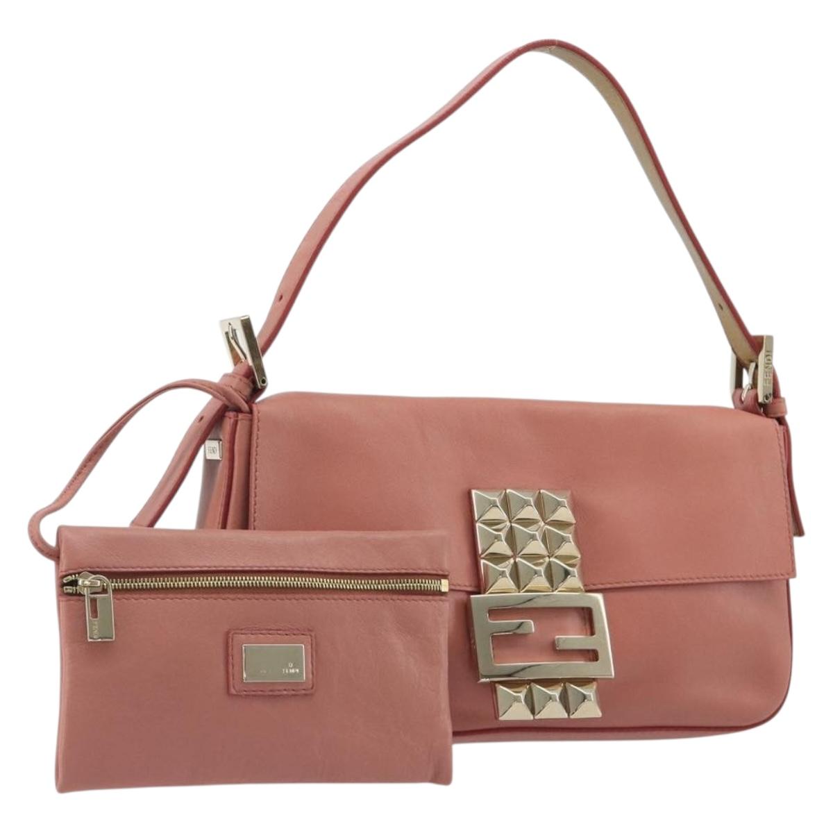 FENDI Studs Mamma Baguette Shoulder Bag Leather Pink Gold Tone Auth yk20664SAM