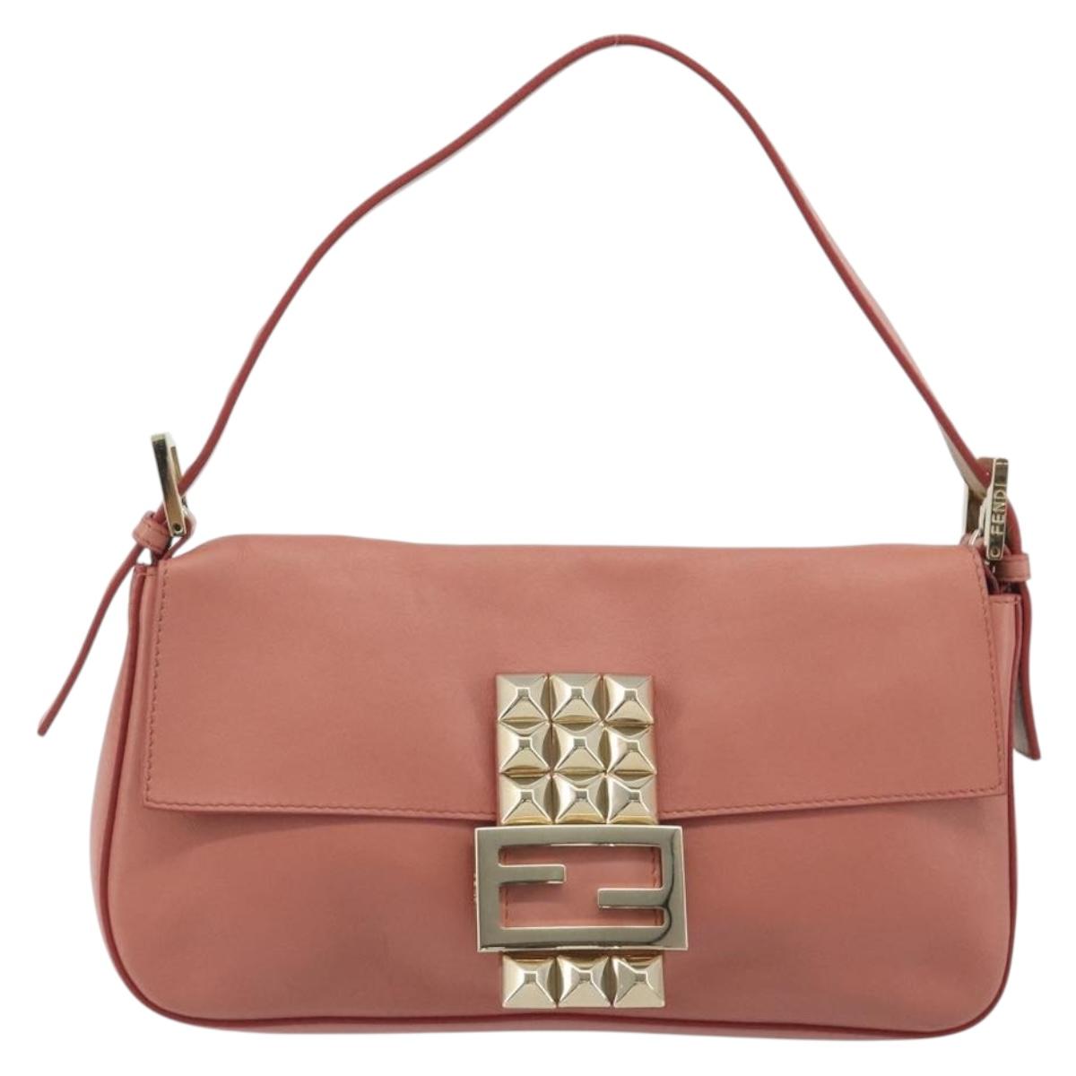 FENDI Studs Mamma Baguette Shoulder Bag Leather Pink Gold Tone Auth yk20664SAM