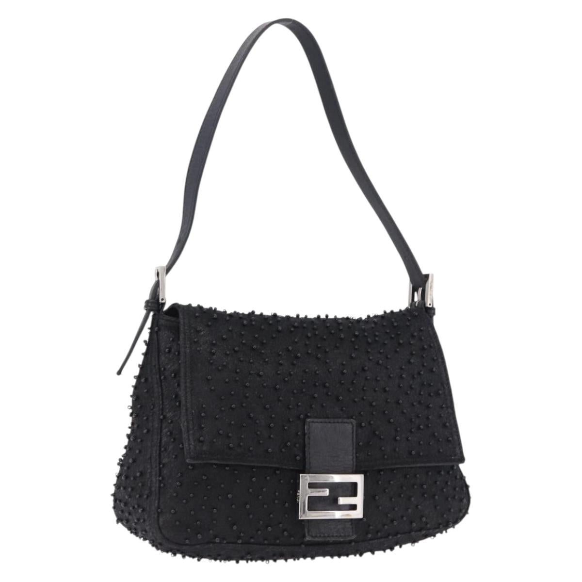 FENDI Mamma Baguette Bag Leather Beads Black Silver 8BR001 Auth yk20665SAM