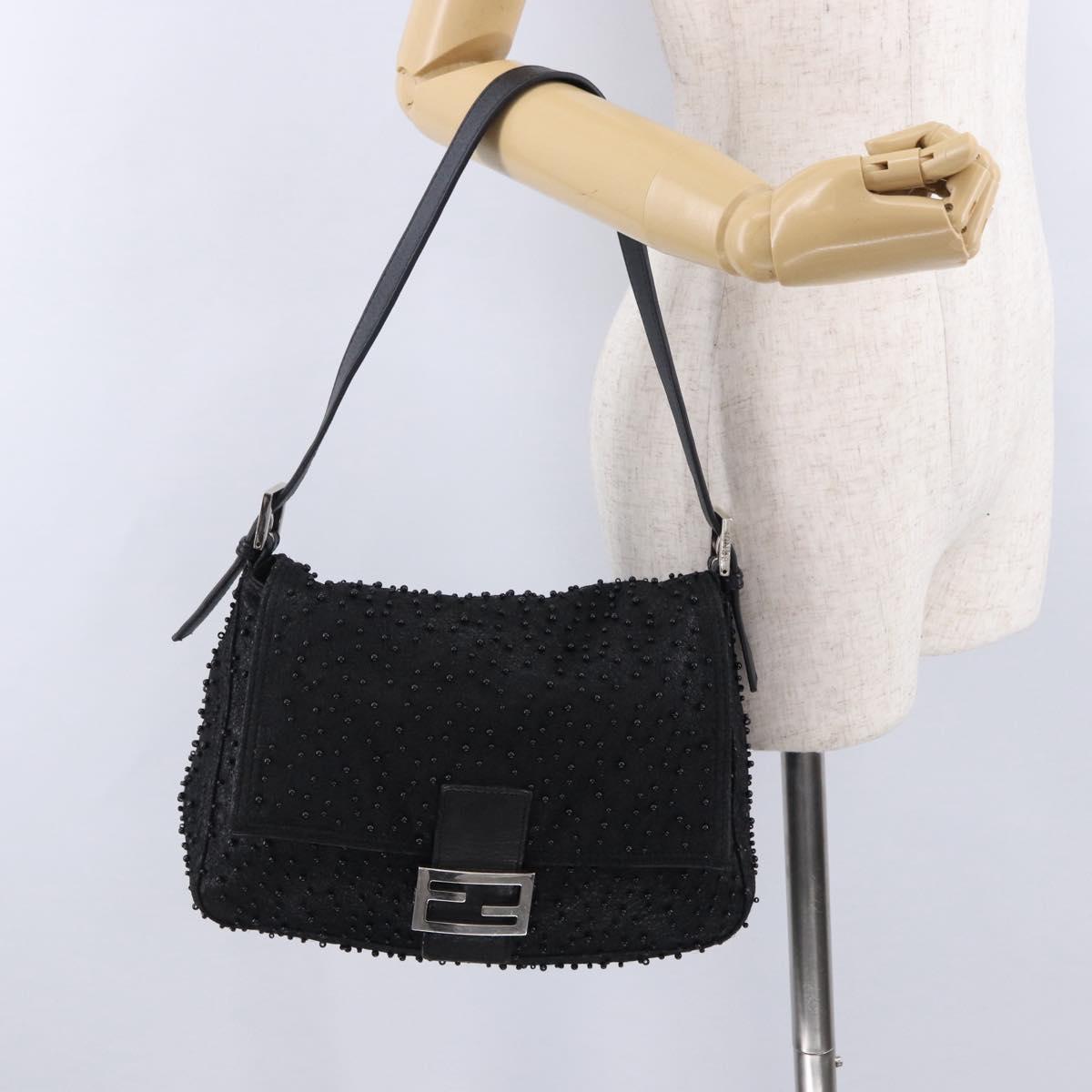 FENDI Mamma Baguette Bag Leather Beads Black Silver 8BR001 Auth yk20665SAM