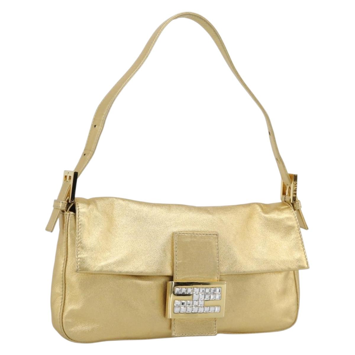 FENDI Rhinestone Mamma Baguette Shoulder Bag Leather Gold Tone Auth yk20666SAM
