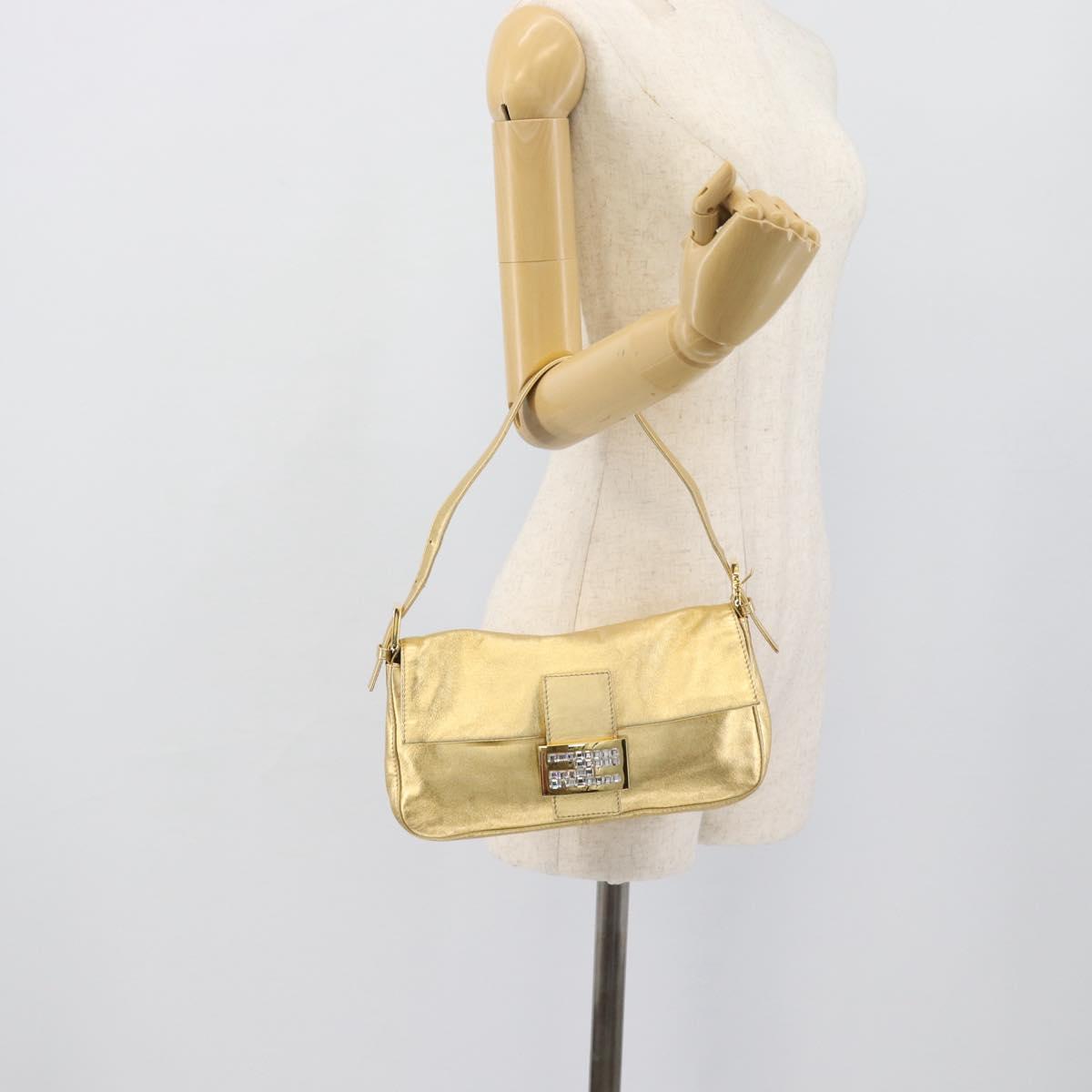 FENDI Rhinestone Mamma Baguette Shoulder Bag Leather Gold Tone Auth yk20666SAM