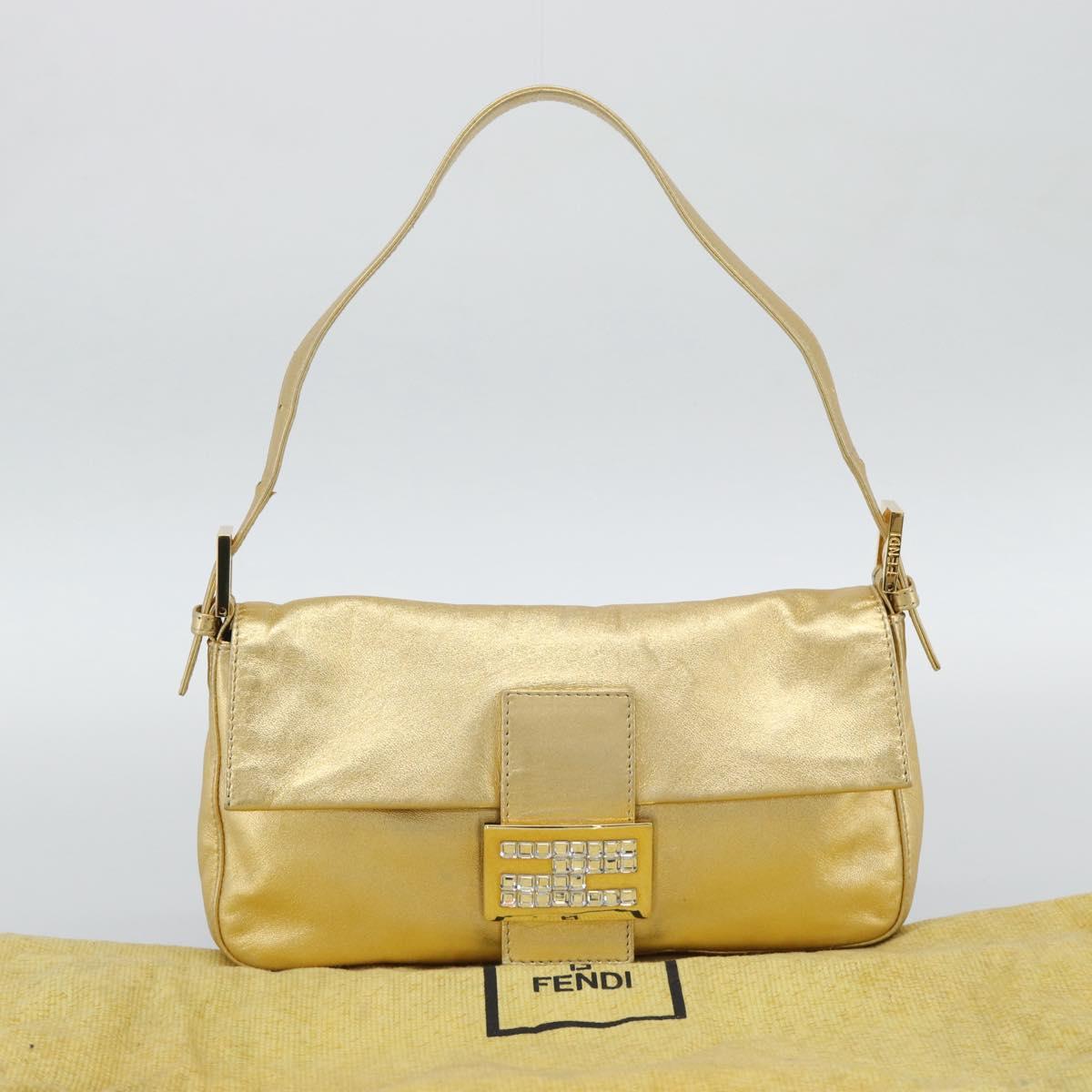 FENDI Rhinestone Mamma Baguette Shoulder Bag Leather Gold Tone Auth yk20666SAM