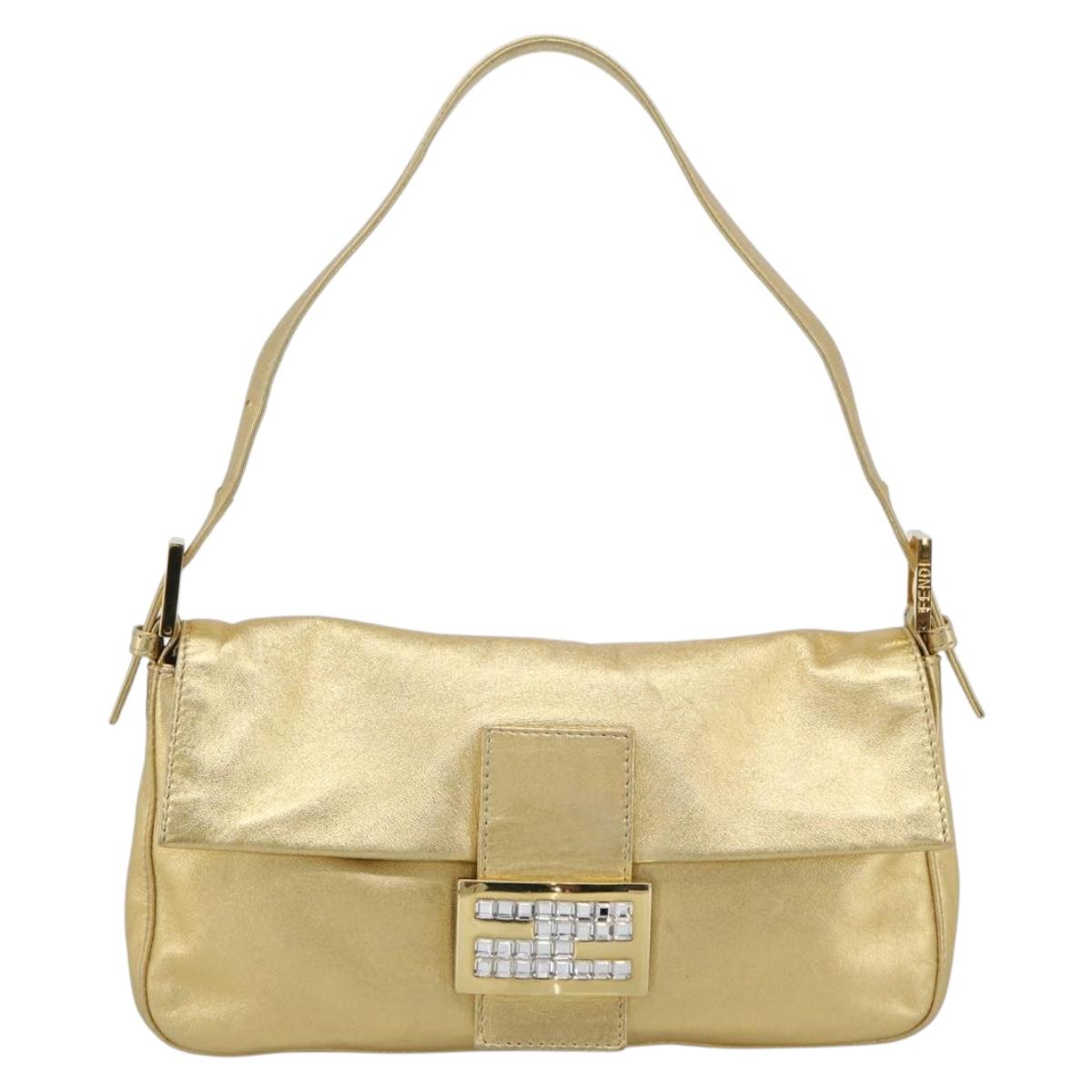FENDI Rhinestone Mamma Baguette Shoulder Bag Leather Gold Tone Auth yk20666SAM