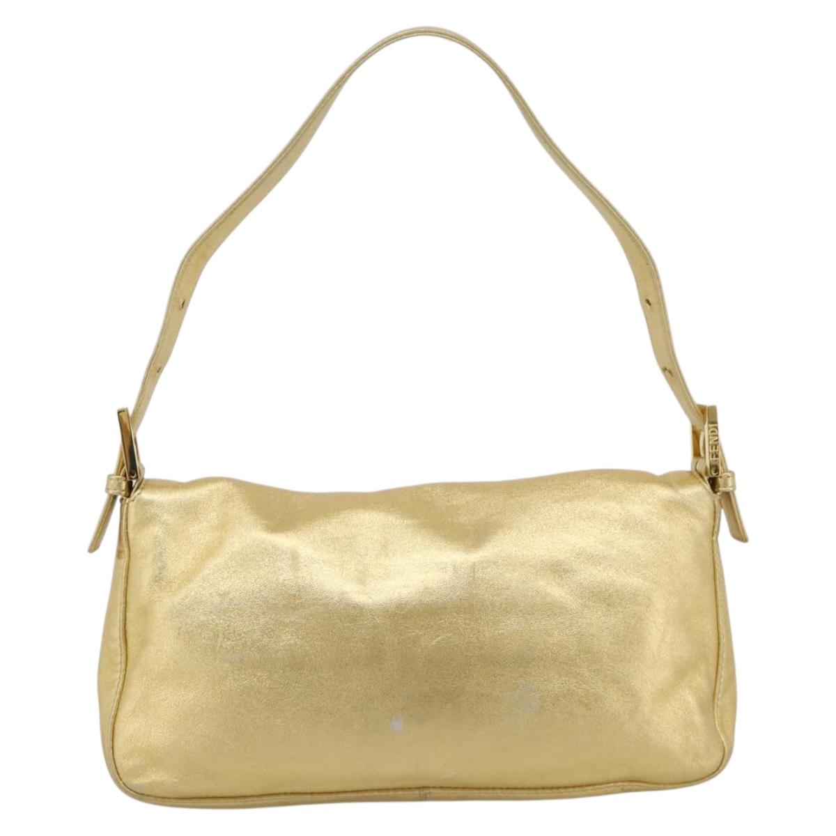 FENDI Rhinestone Mamma Baguette Shoulder Bag Leather Gold Tone Auth yk20666SAM