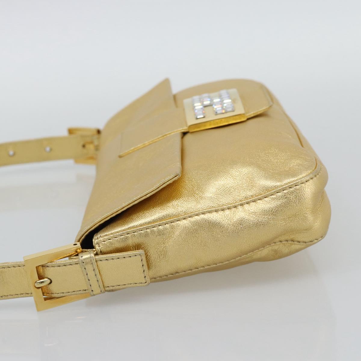 FENDI Rhinestone Mamma Baguette Shoulder Bag Leather Gold Tone Auth yk20666SAM