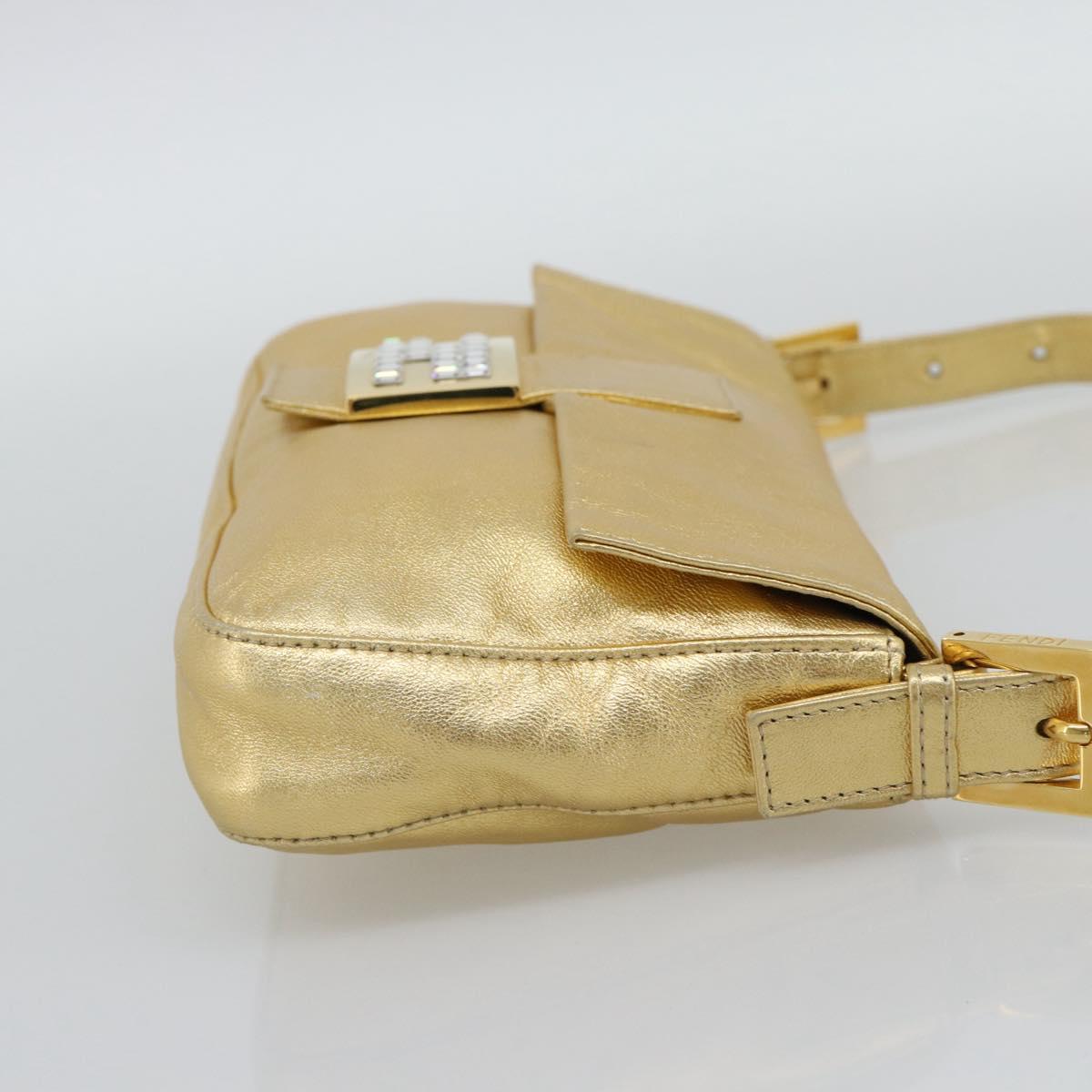 FENDI Rhinestone Mamma Baguette Shoulder Bag Leather Gold Tone Auth yk20666SAM