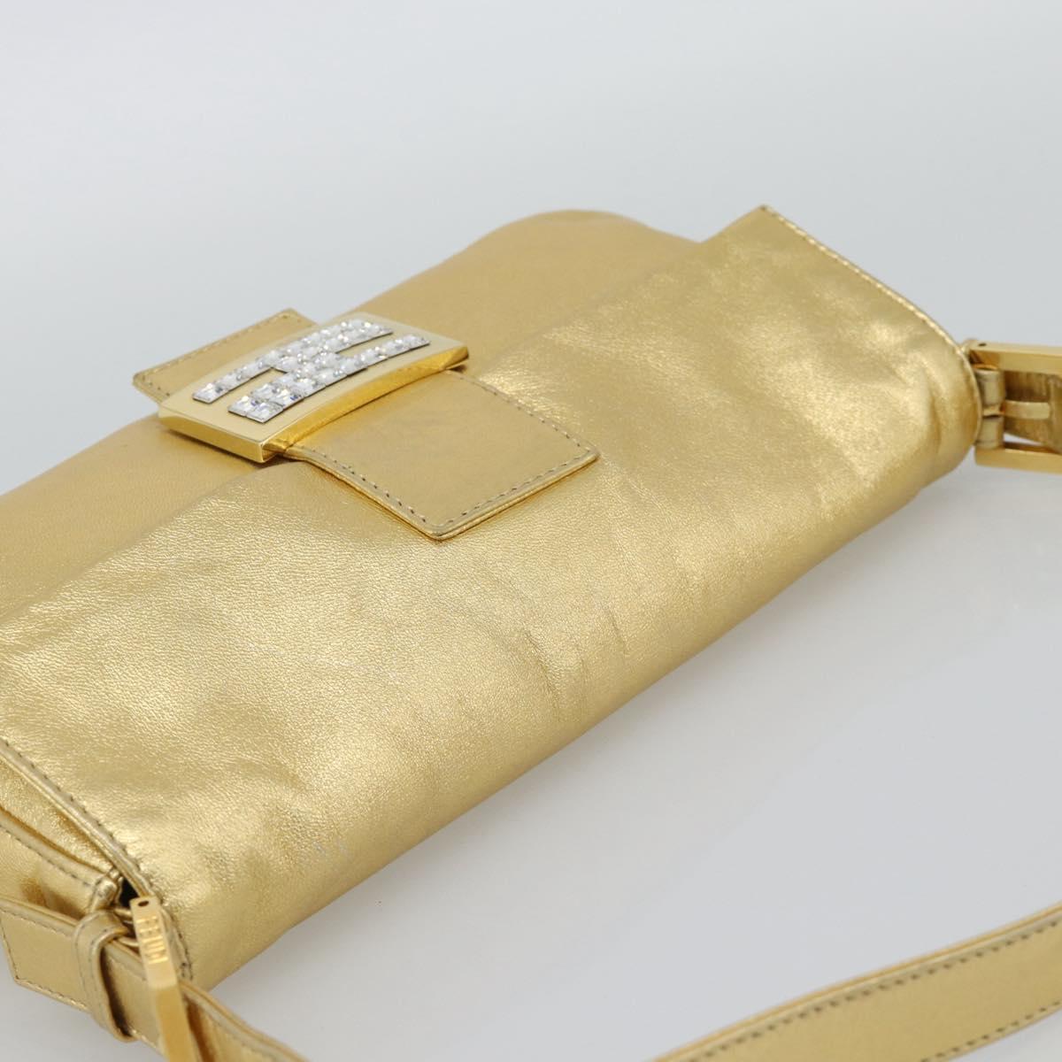 FENDI Rhinestone Mamma Baguette Shoulder Bag Leather Gold Tone Auth yk20666SAM