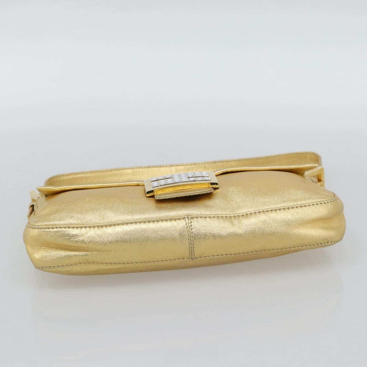 FENDI Rhinestone Mamma Baguette Shoulder Bag Leather Gold Tone Auth yk20666SAM