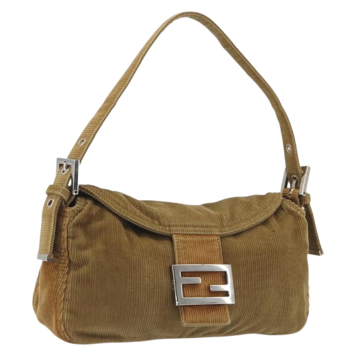 FENDI Mamma Baguette Shoulder Bag Corduroy Brown Silver Auth yk20667V