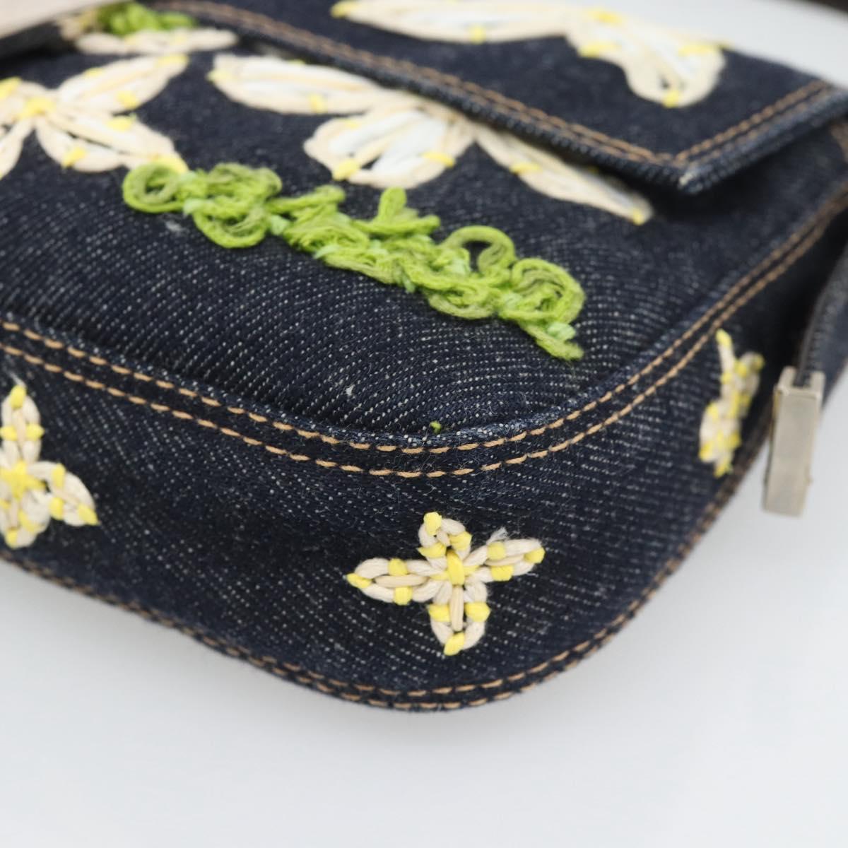 FENDI Flower Embroidery Mamma Baguette Shoulder Bag Denim Navy Auth yk20668SM