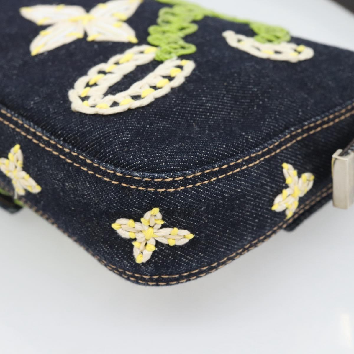 FENDI Flower Embroidery Mamma Baguette Shoulder Bag Denim Navy Auth yk20668SM