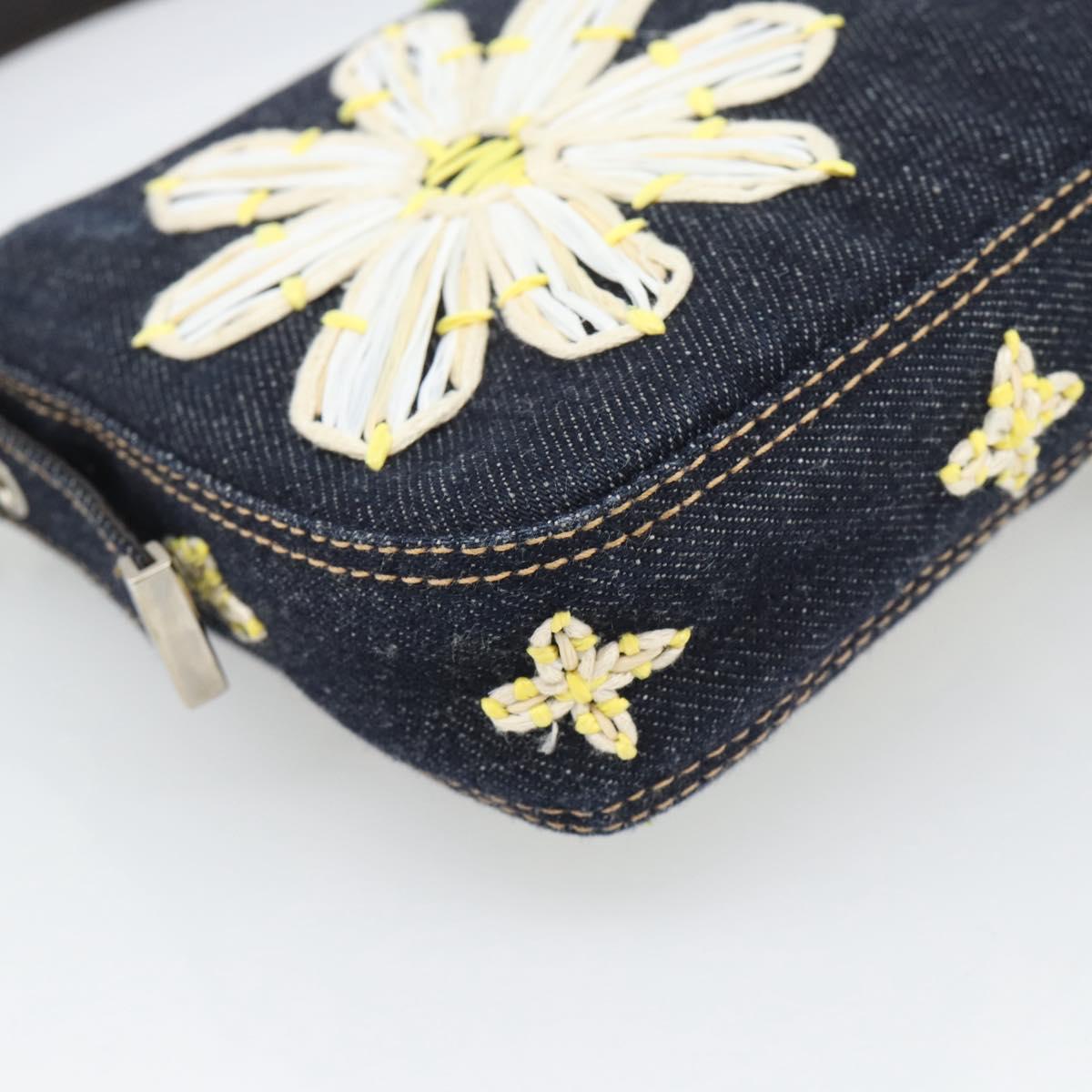FENDI Flower Embroidery Mamma Baguette Shoulder Bag Denim Navy Auth yk20668SM